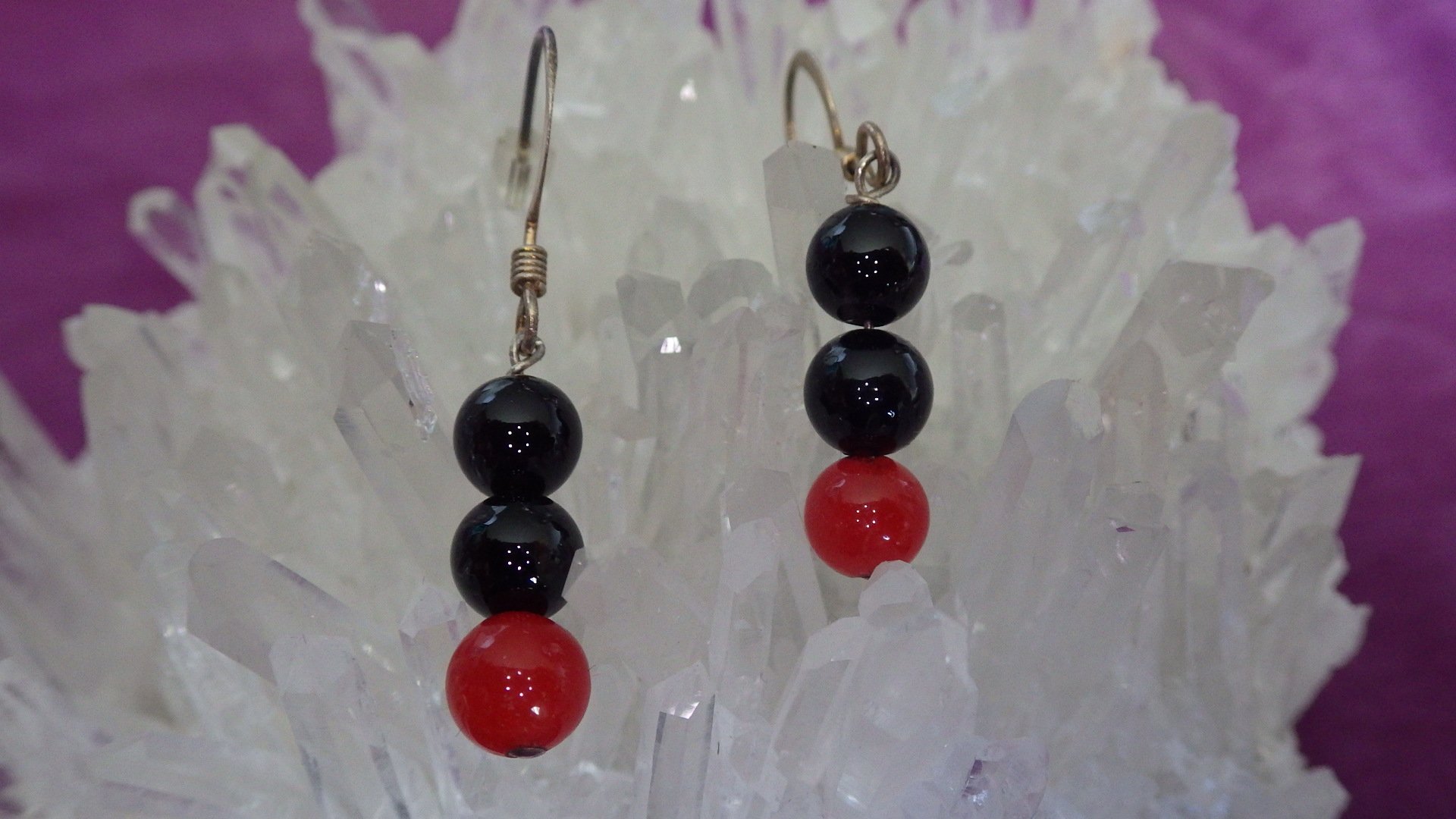  Red -dyed agate and black agate with silver findings  $12.95 