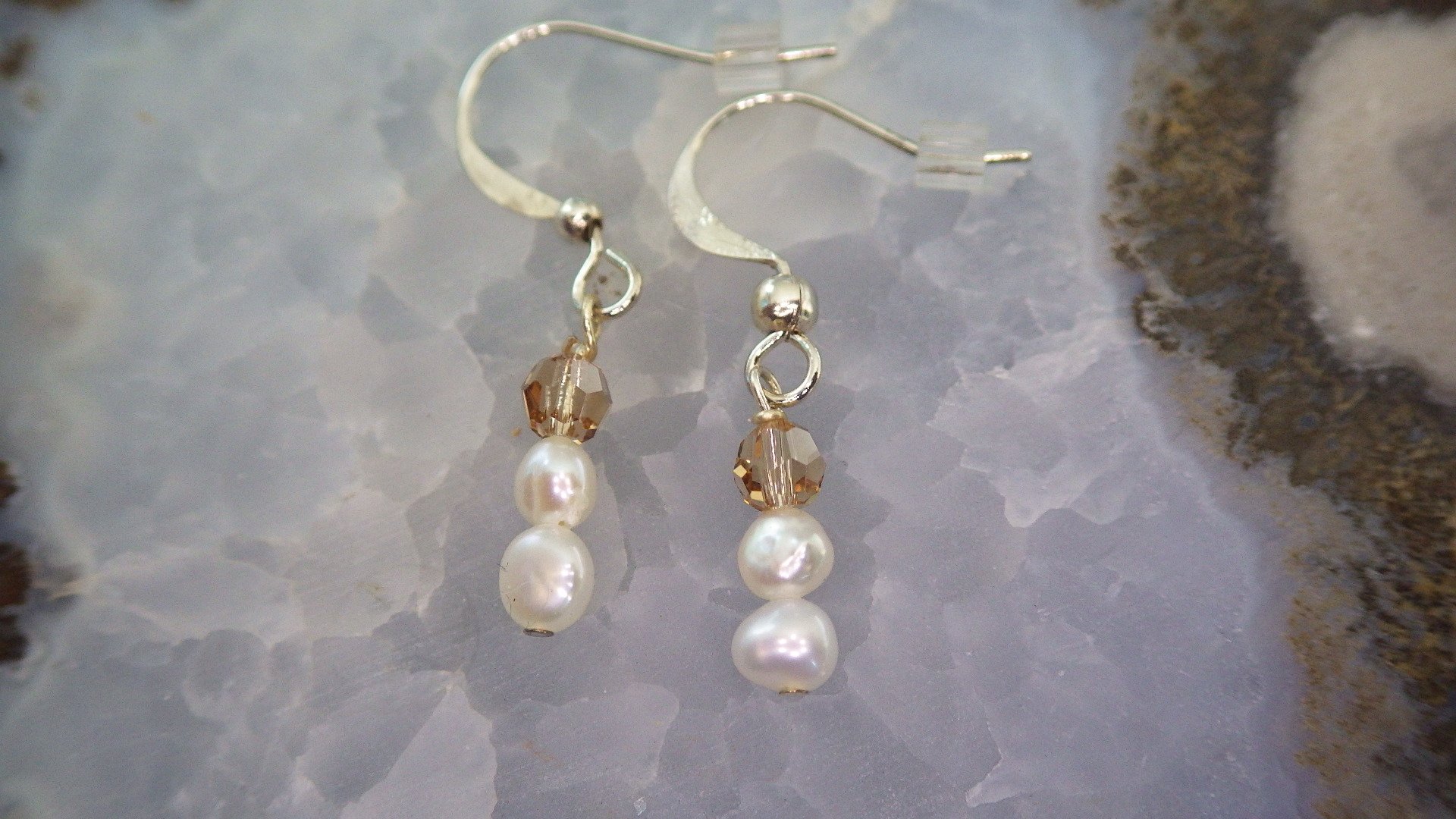  White pearl and brown Swarovski with silver findings  $12.95 