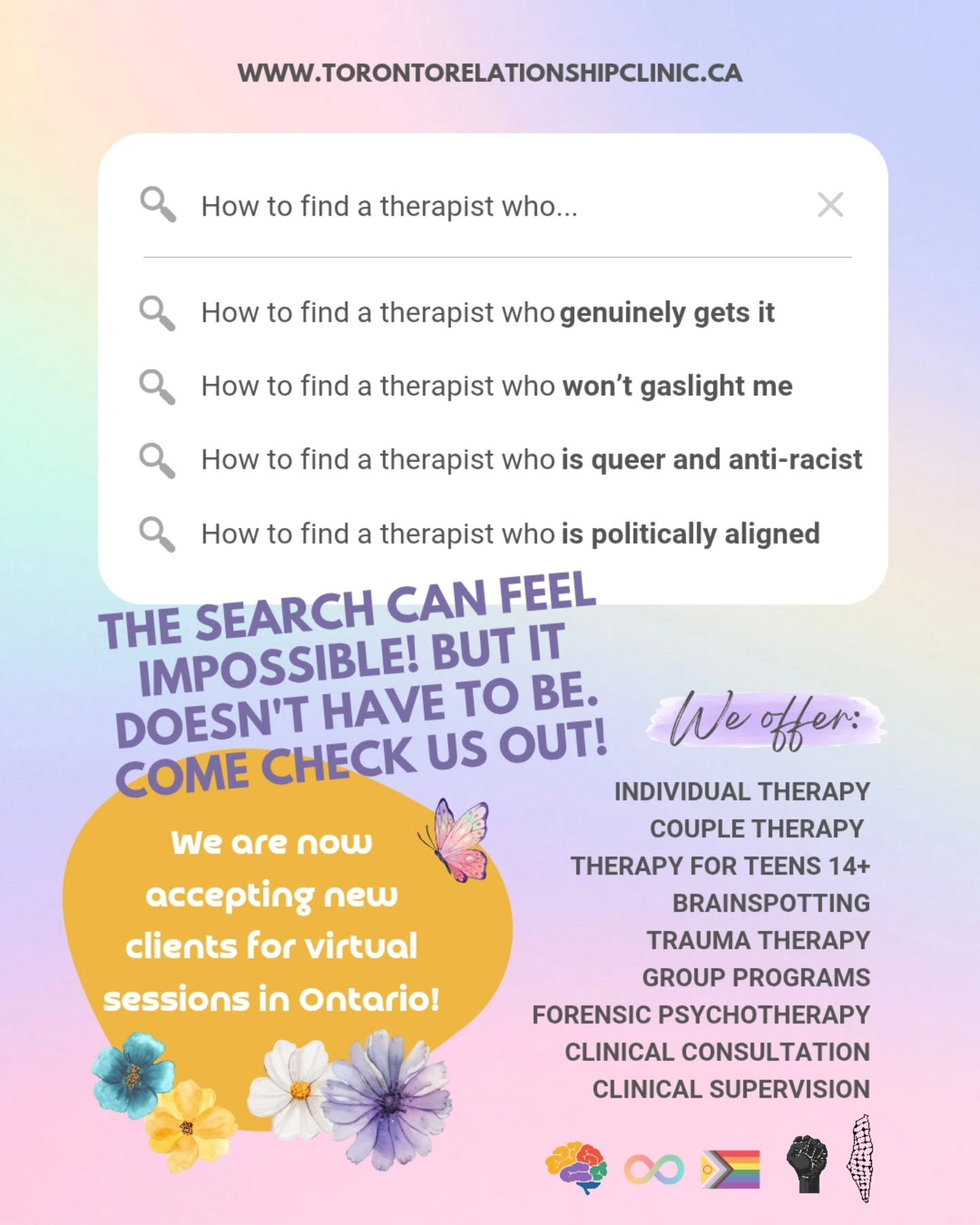 Finding a therapist you vibe with doesn't have to be like looking for a needle in a haystack. We have brilliant, affirming, informed, capable, anti-oppressive-in-ALL-the-ways clinicians on our team. We would love to hear from you!