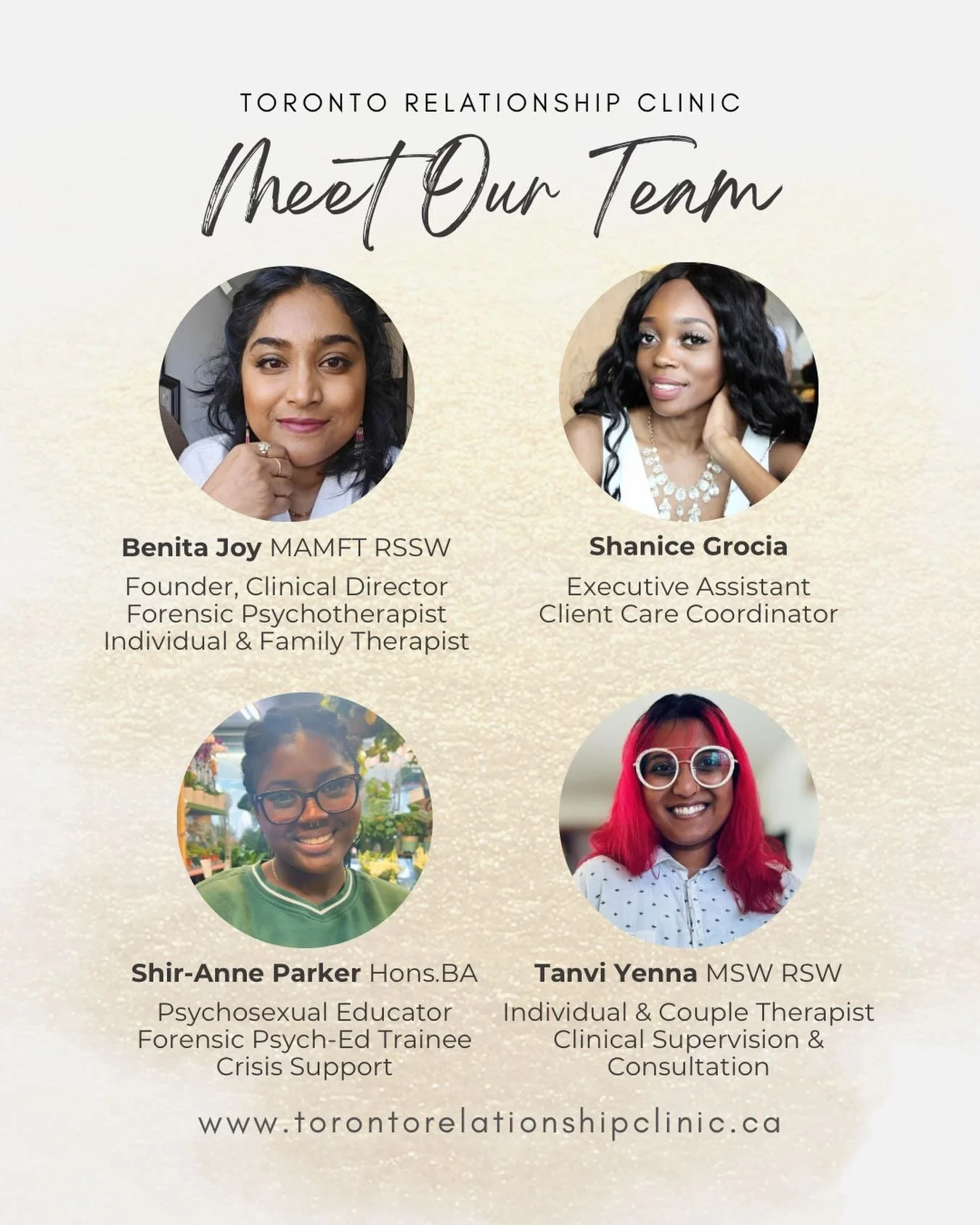 Meet the Team!✨

We&rsquo;re excited to highlight some of the amazing people who make everything we do at Toronto Relationship Clinic possible. 

Stay tuned as we roll out more spotlights 💛 

#MeetTheTeam #TeamSpotlight #WeAreTRC