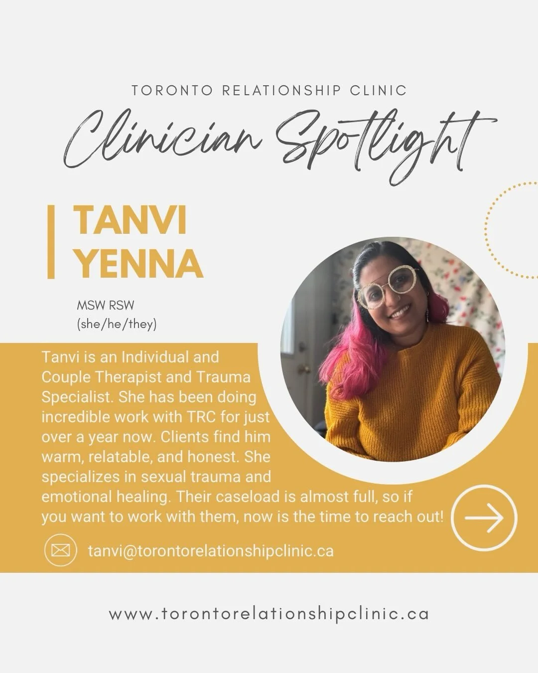 Drum roll please 🥁 &hellip;.we&rsquo;re re-introducing our Individual and Couple Therapist, Tanvi Yenna! 

Tanvi loves working with trans and queer folks, disabled folks, neurodivergent folks, and people at all of those intersections.

She also work