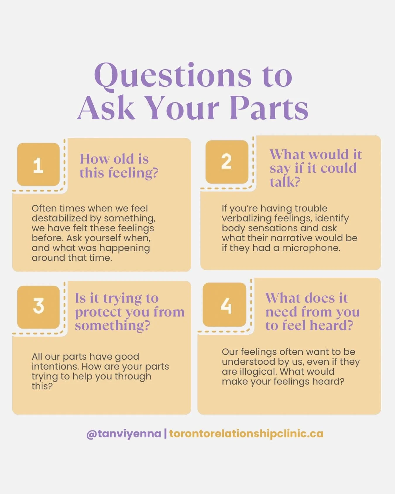 Ever wondered how you could engage in some therapeutic work on your own? Here are some questions you can ask yourself through the lens of Internal Family Systems Therapy. 

These questions can help you begin to get to know and befriend the different 