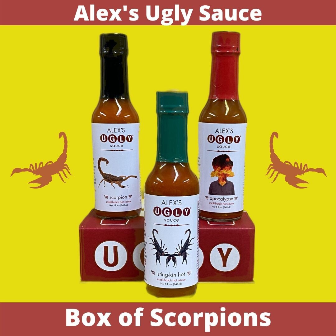 New! Box of Scorpions! So good it hurts. Our scorpion pepper sauces deliver scrumptious, rich flavor with a major sting. 
This box includes our new &quot;Sting-kin Hot&quot; with a heat level of Oh brother!/10. The family that stings together, sweats