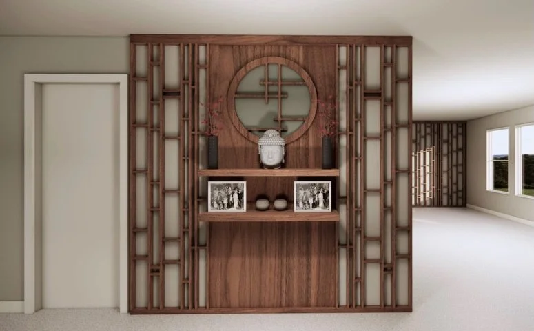 This custom altar was designed to honor our client&rsquo;s ancestors while seamlessly integrating a mid-century aesthetic. We are pleased to have received images of the completed project and are delighted to see the vision fully realized. Thank you t