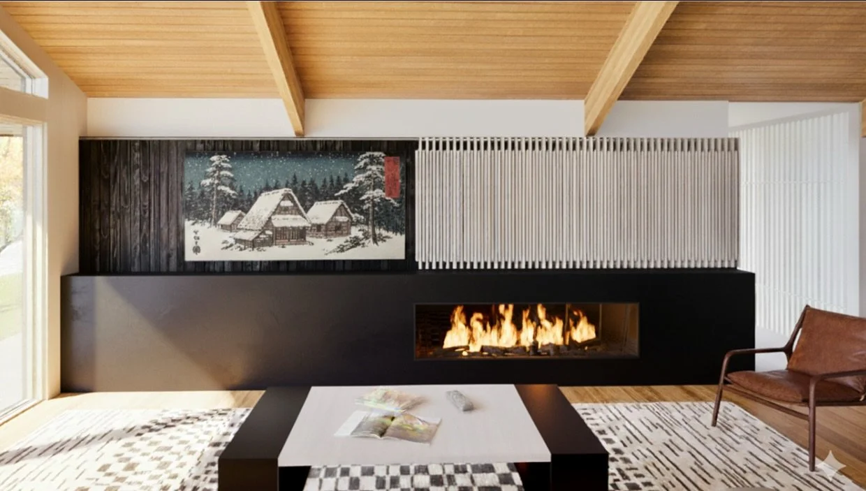 We designed a sliding screen inspired by traditional Japanese shoji elements, serving both as a decorative feature and a discreet way to conceal the television.

Architecture: @gsw_architects 
Interior Design: @karasawa_interiorstudio 
Landscape Arch