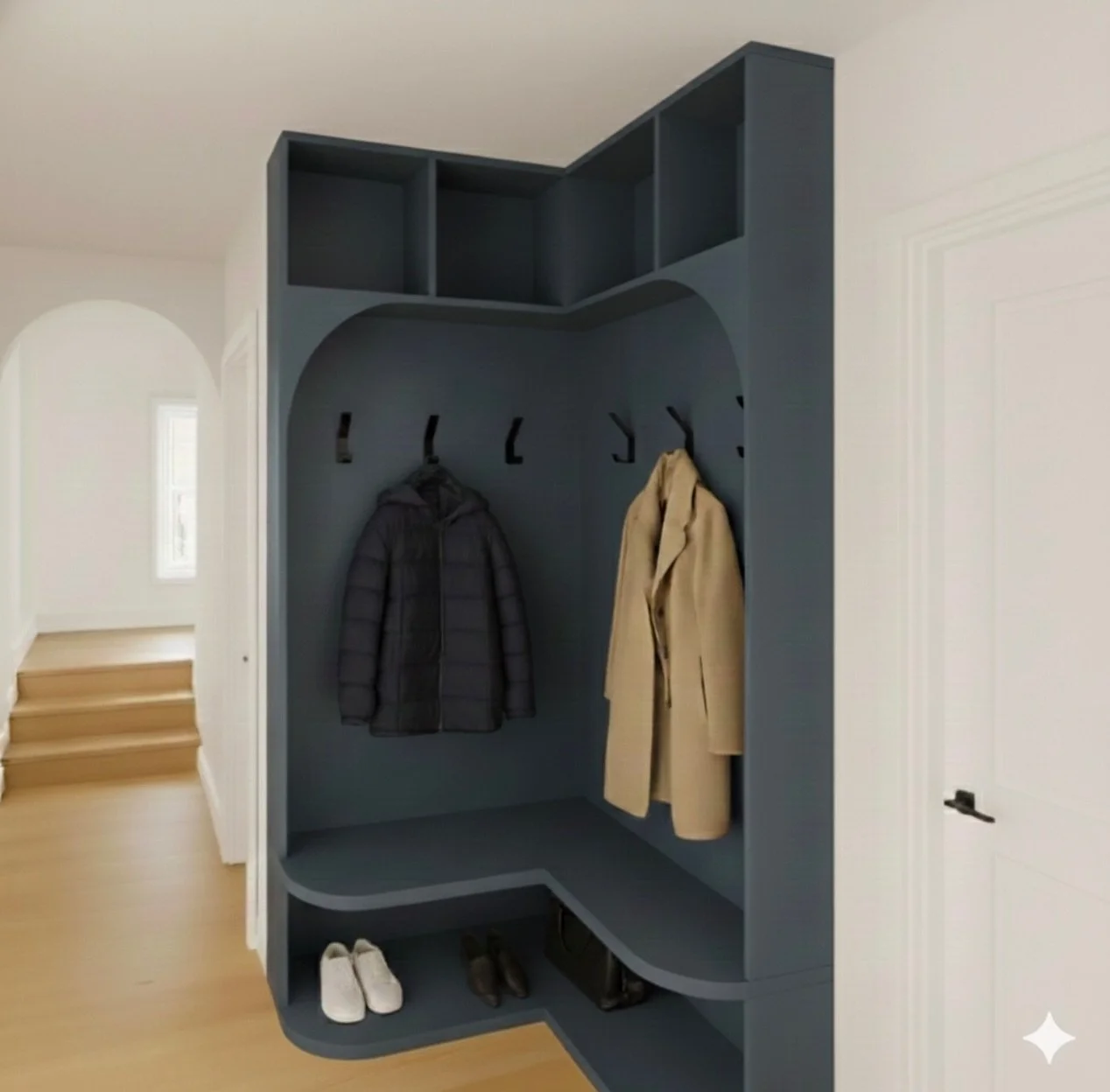While this beautiful home is undergoing a series of updates, we are also reimagining the compact mudroom that sees daily use. 

By introducing a radius corner, we improve circulation within the tight space and soften the overall geometry. The curved 