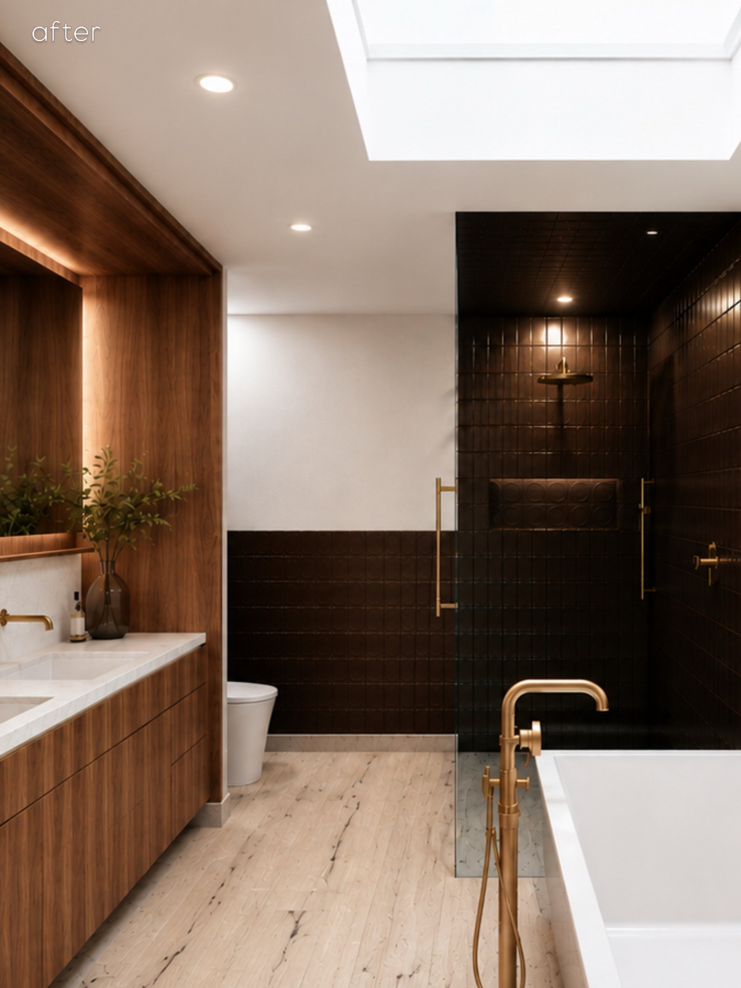 One of our favorite transformations. It&rsquo;s amazing the difference materials and color does to shift the whole aesthetic of a space without altering the layout.

#bathroomremodeling #contemporarybathroom #portlandinteriordesign