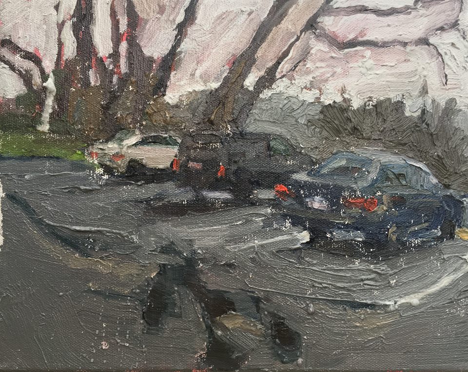 Rainy Parking Lot, Oil on canvas, 8" x 10"