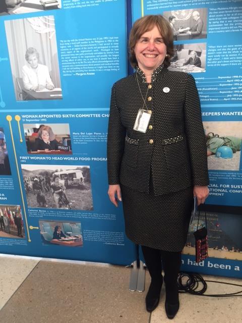  Catherine Bertini at the UN at an exhibit highlighting "First" Women and mentioning that she was the first woman to head WFP (2016)  