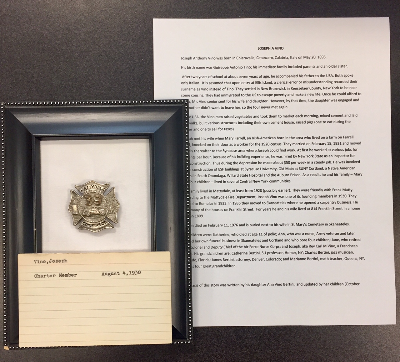  Donating Grandfather’s Badge Back to Mattydale Fire Department – Joseph Vino was a Charter Member in 1930 