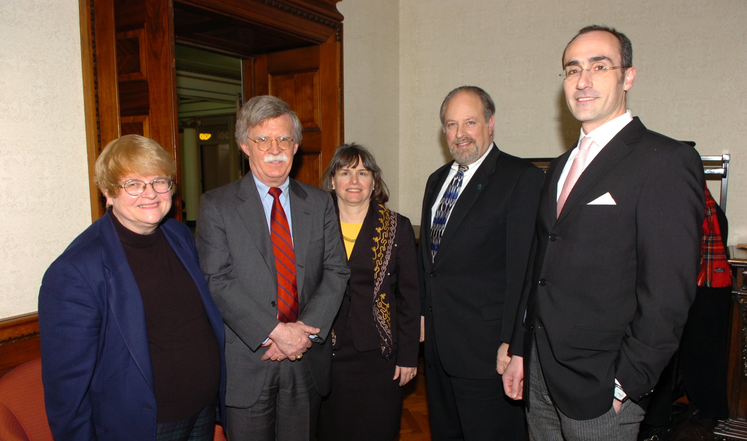  Ambassador John Bolton speaking at the Maxwell School pictured here with Professor Maragret Hermann, Dean Mitch Wallerstein, and Professor Arthur Brooks (2007) 