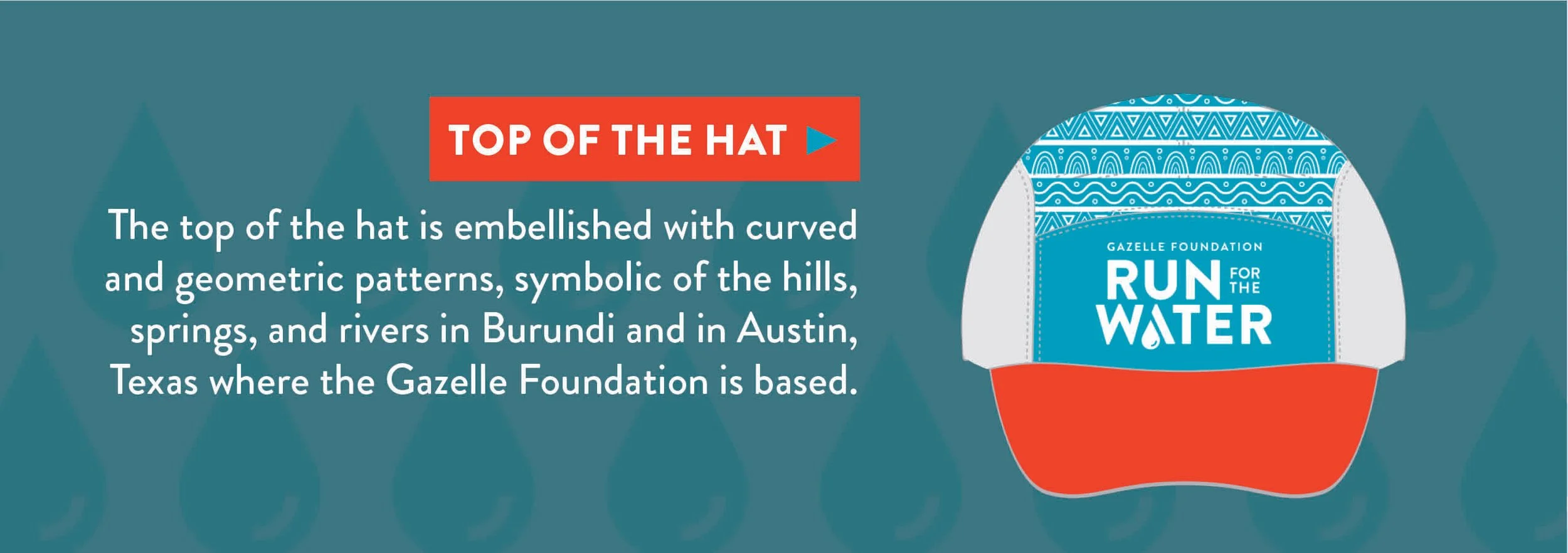 The Top of the Run For The Water 2025 race hat is embellished with curved and geometric patterns, symbolic of the hills, springs and rivers in Burundi and in Austin, Texas where the Gazelle Foundation is based.