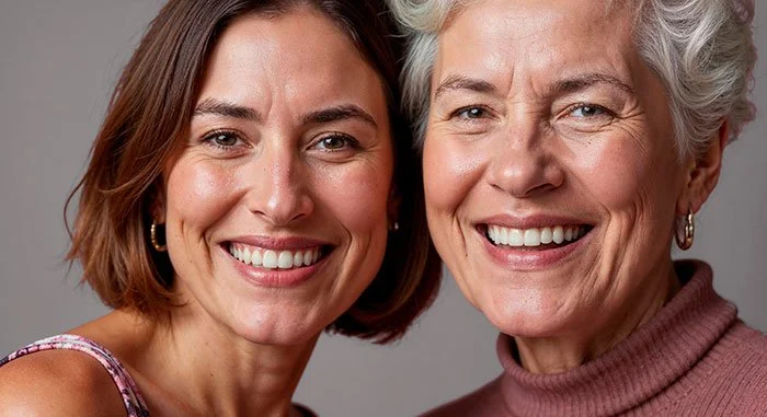 Dos mujeres sonriendo y posando juntas, una joven y otra mayor, ambas con cabello corto y gris y cabello castaño, respectivamente.