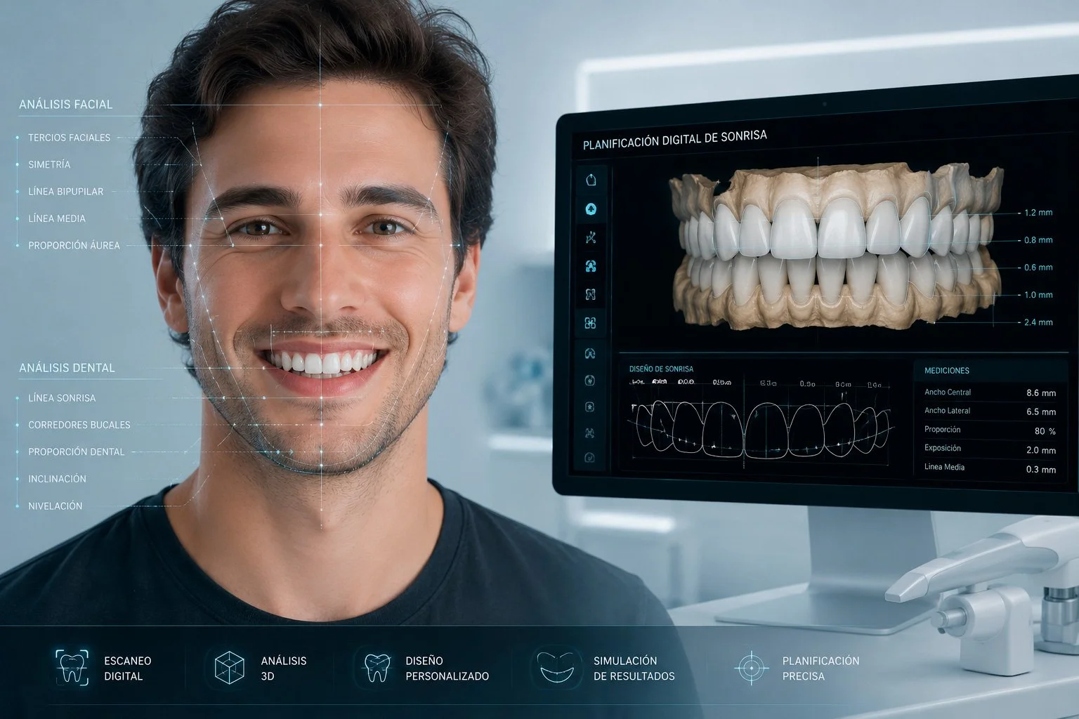 Hombre con sonrisa perfecta mientras se realiza un análisis facial y dental en el centro odontologico integral prof. dr. Alexis Chudnovsky, con una pantalla que muestra la planificación digital de una sonrisa y mediciones dentales.