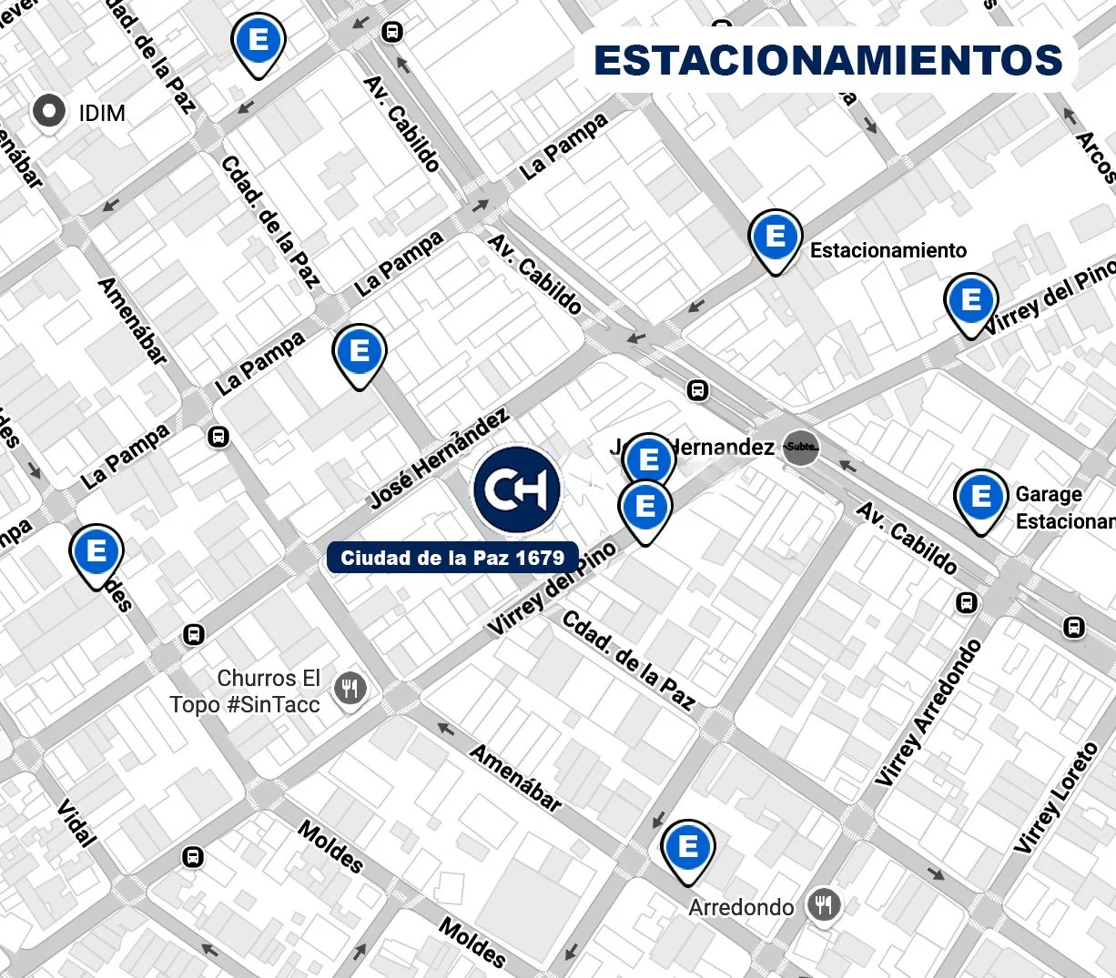 Mapa de lugares de estacionamiento en Ciudad de la Paz 1679, resaltados con iconos de 'E' en varias calles como Avenida Cabildo, La Pampa, José Hernández, Virrey del Pino y otras, con zonas de estacionamiento y transporte público.