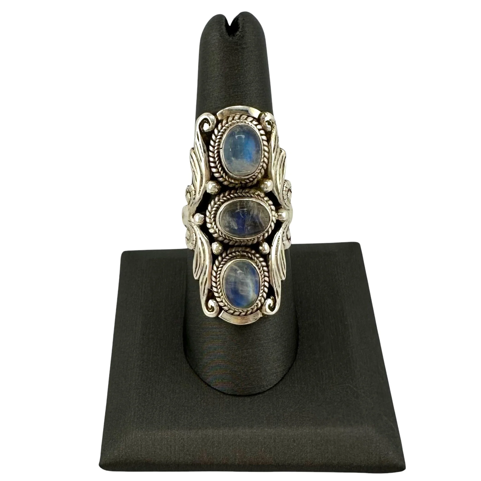 Sterling Silver Triple Goddess Ring With Rainbow Moonstone - Lunar Phases Ring In Sizes 4-15