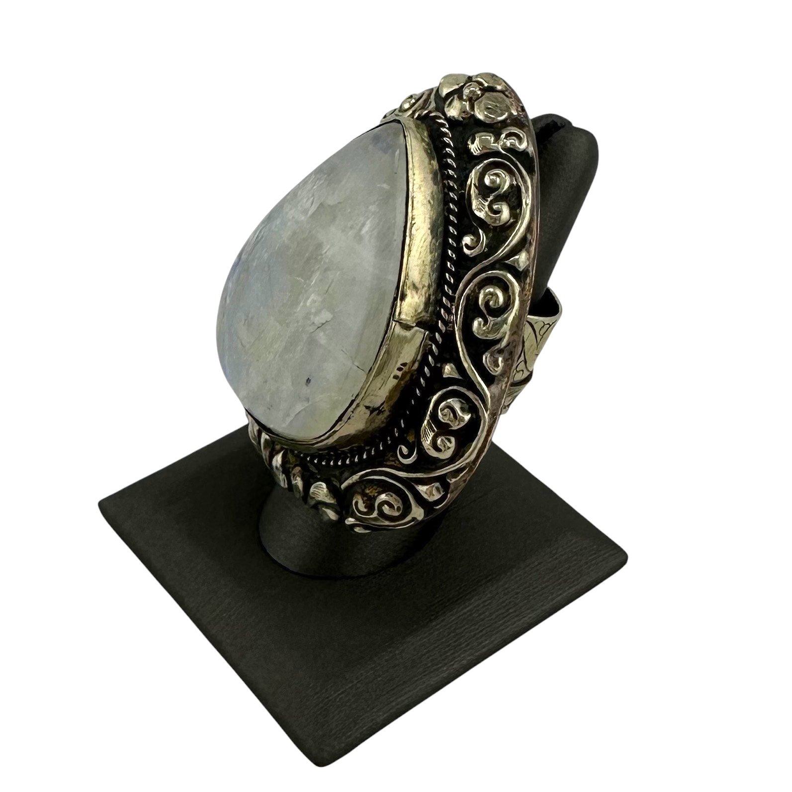 Teardrop Rainbow Moonstone Ring in Ornate Tooled Tibetan Silver -IMG_5099-Photoroom.jpg