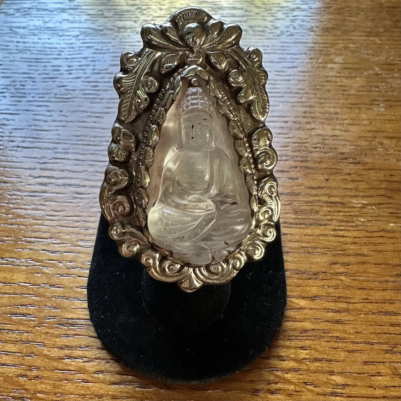 Tibetan Silver Blush Rose Quartz Buddha Ring