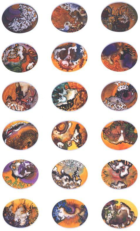  "Amber Glow Park" 1995, Amber Glow Series, acrylic on canvas, 24 oval pieces, 16 x 20 inches (41 x 51 cm) each. 