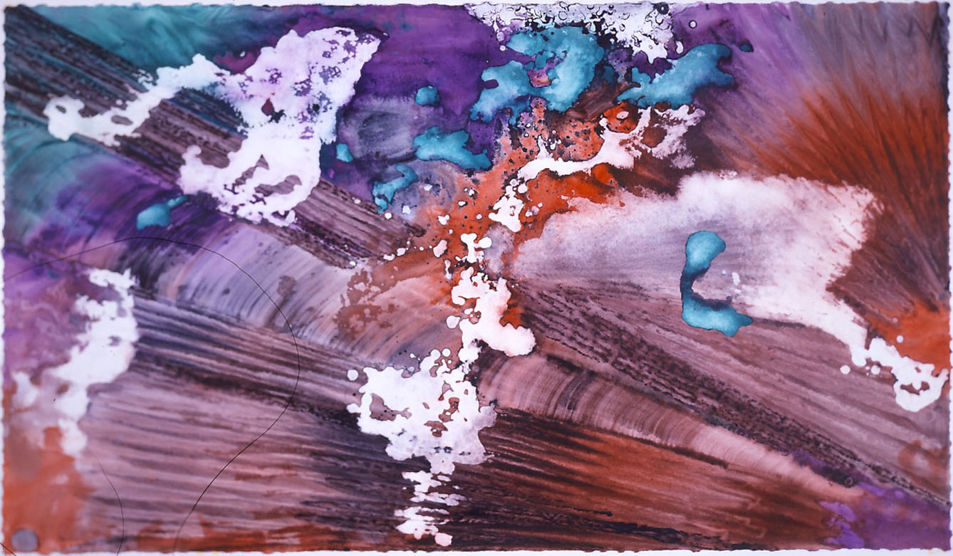  "Turquoise Floating on Brown" 1999, Turquoise Floating Series, acrylic on paper, 42 x 72 in (107 x 183 cm). 