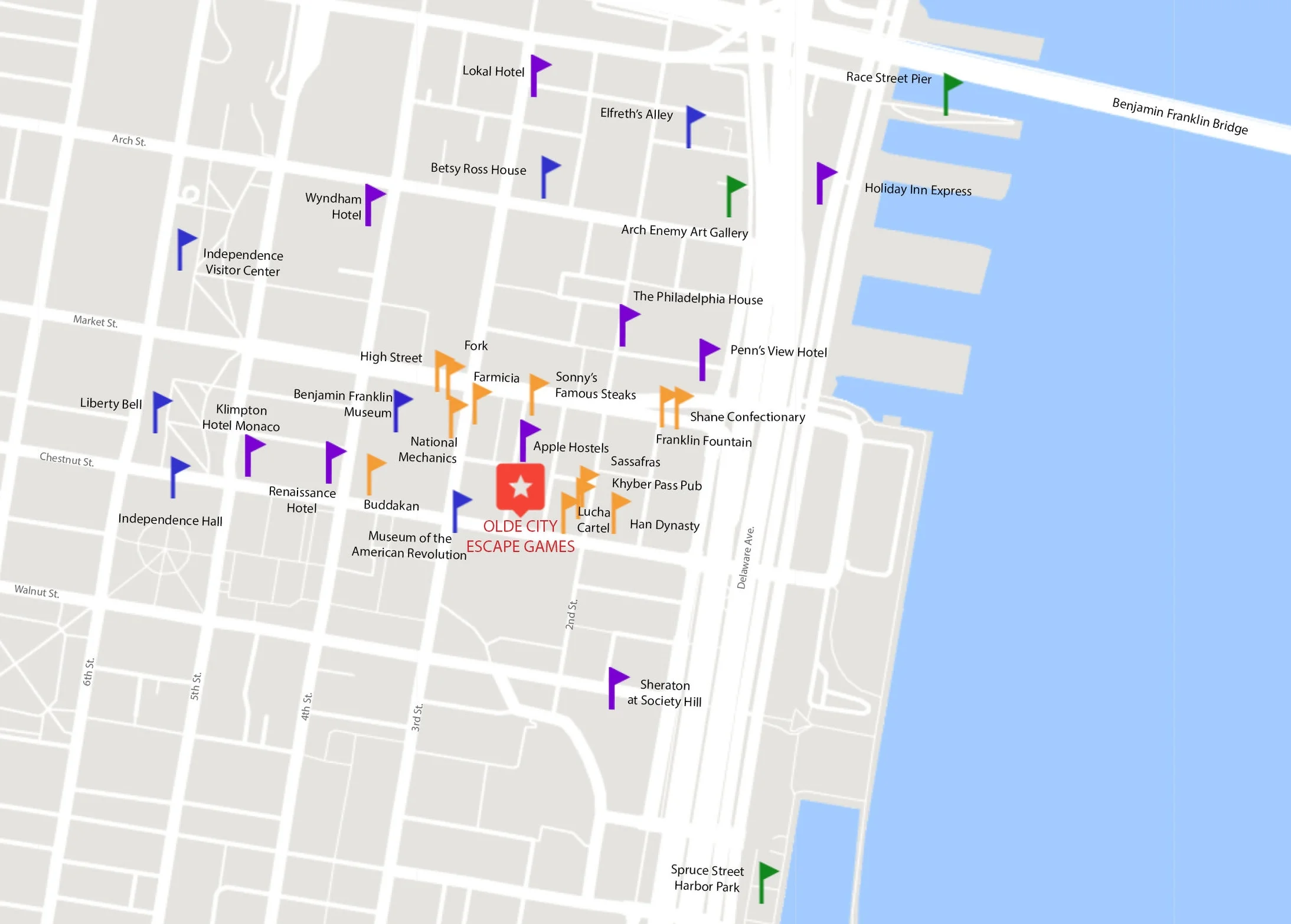 Our escape rooms are conveniently located within walking distance of many major historic attractions, landmarks, as well as some of the best options for dining, treats, and libations Philadelphia has to offer.