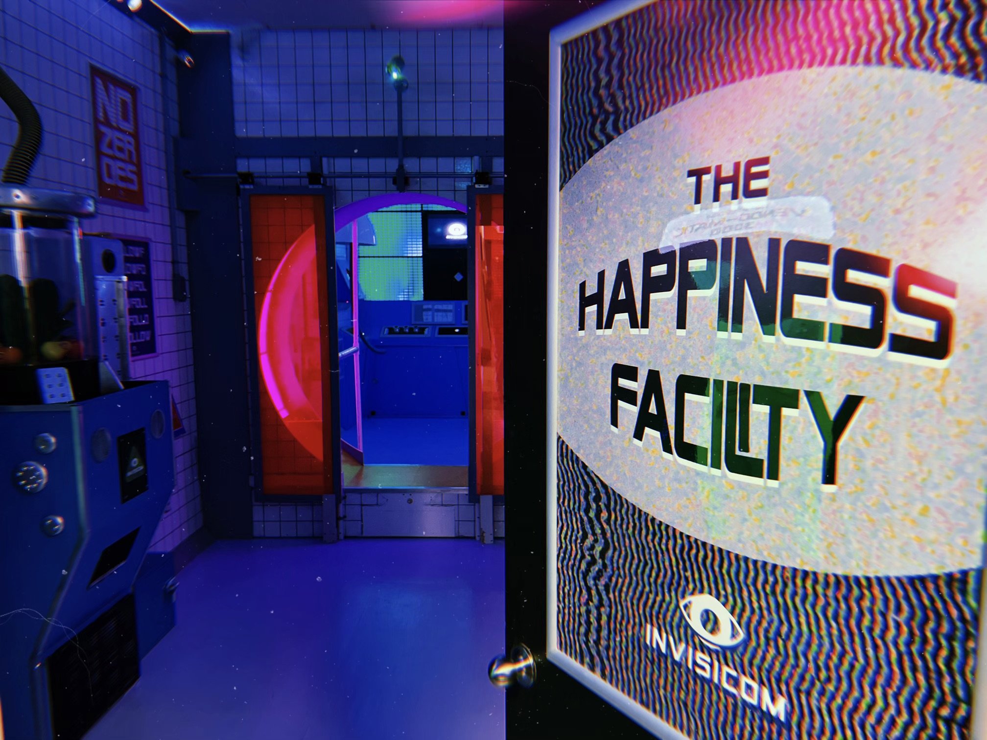  A glimpse inside the Happiness Facility. The room glows pink and purple 