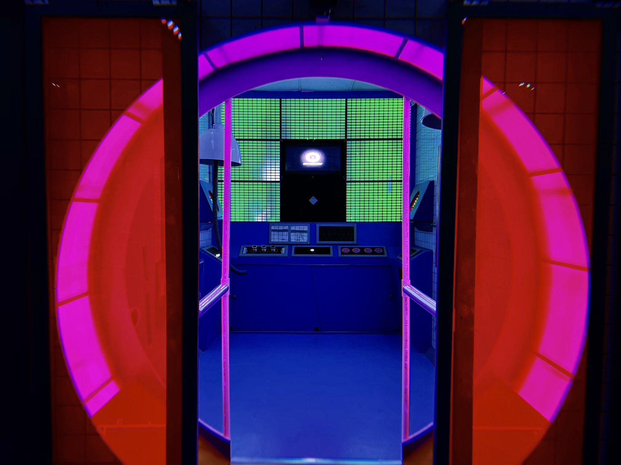  An open portal glows pink. Mother Computer glows green in the distance 