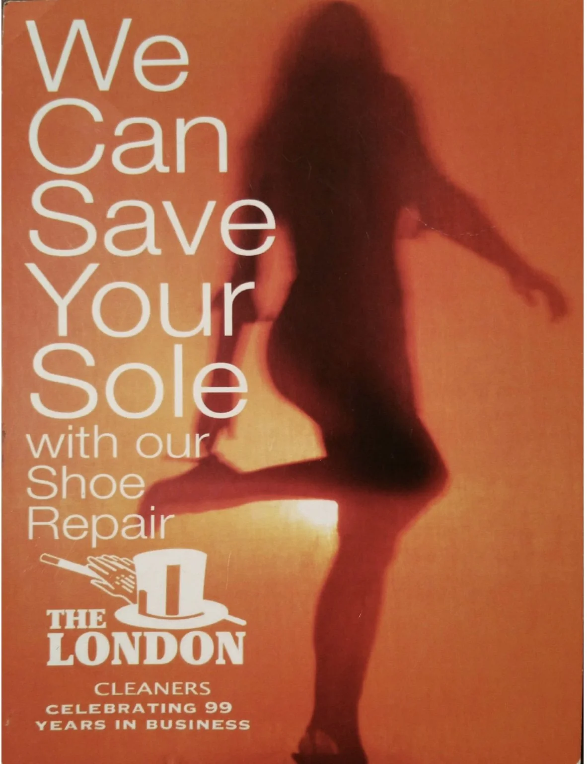 The London Cleaners ad: “We Can Save Your Sole,” with an orange-lit silhouette and shoe-repair message. Copywriting by Irina Ioffe; photography by James Kloiber.