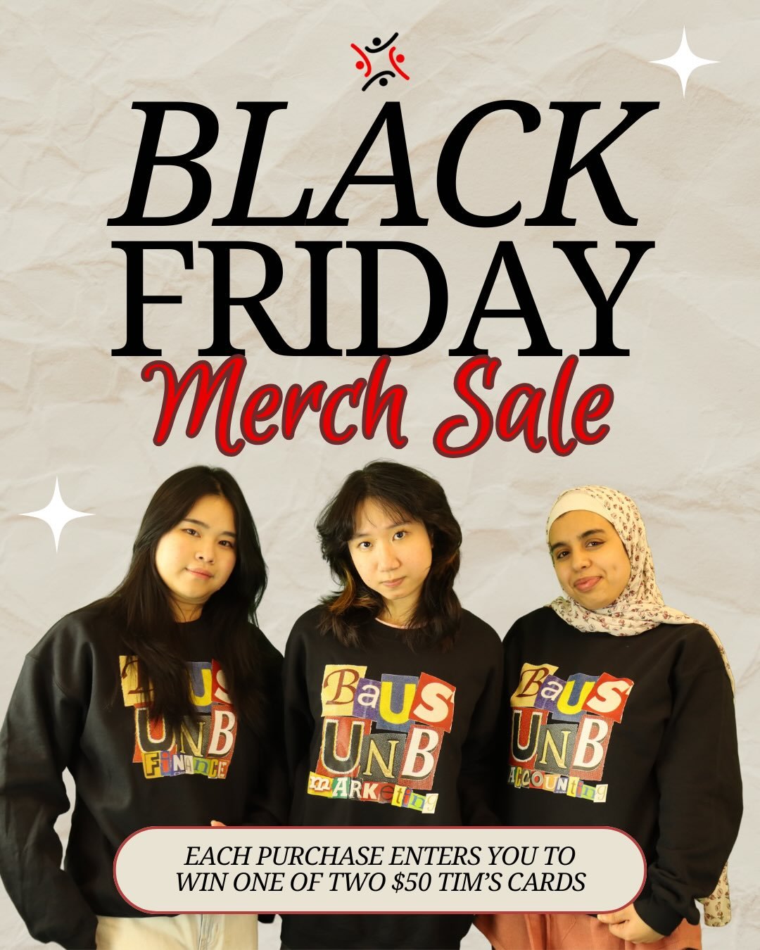 ‼️Swipe to see the best deals on campus!

Black Friday has come to BAUS, get great deals on all merch, plus be entered to win one of two $50 Tim Hortons gift cards! 💳 
*while supplies lasts*

🛑 Stop by Singer Hall on Wednesday or Thursday this week