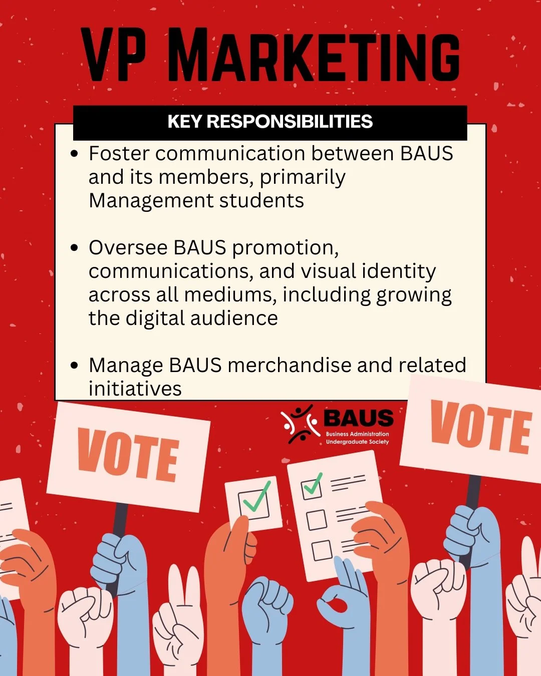 ❗️Executive election applications closing soon❗️

Here are some key responsibilities of the VP Marketing and the VP Corporate Relations!
These positions will be interview based, not election based! 

Send in your application now to the link in our bi