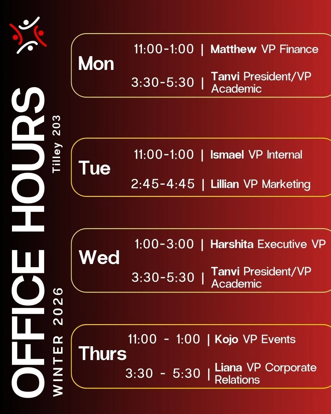 ❗Office hours start today! 

Drop by Tilley 203 to chat with BAUS executives!