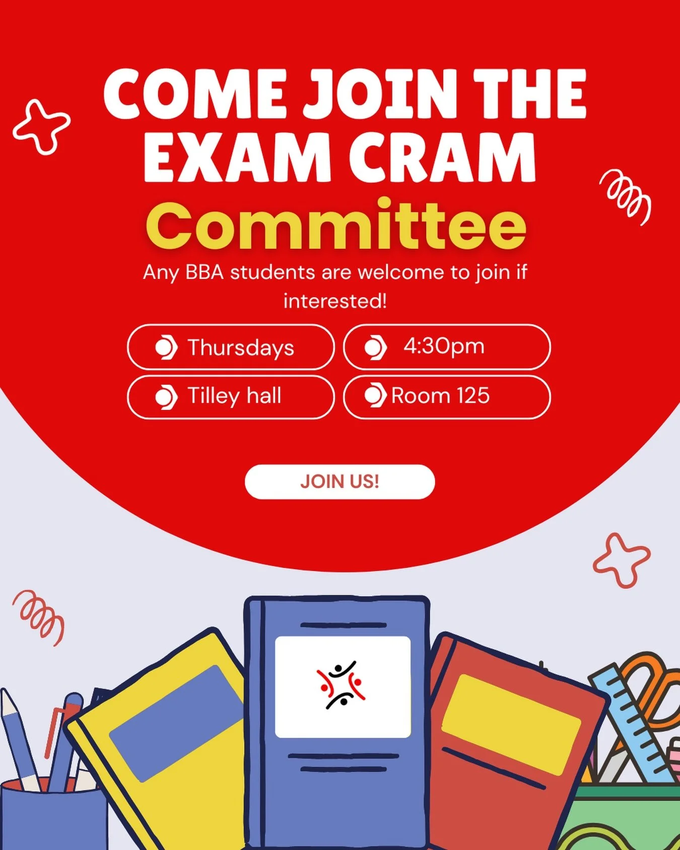 ❗️Preparations for our annual Exam Cram are underway ❗️

Exam Cram is an event put on by BAUS at the end of the semester to provide a fun chance to study amongst your peers. We alternate between 30 minutes of studying and 30 minutes of activities!

T