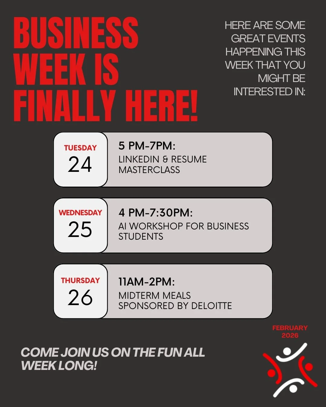 ❗️Business week is finally here❗️

With three big events this week there will be plenty to participate in! The registration link is in our bio and the AI workshop registration closes tonight so make sure to apply now!

We hope to see you all there re