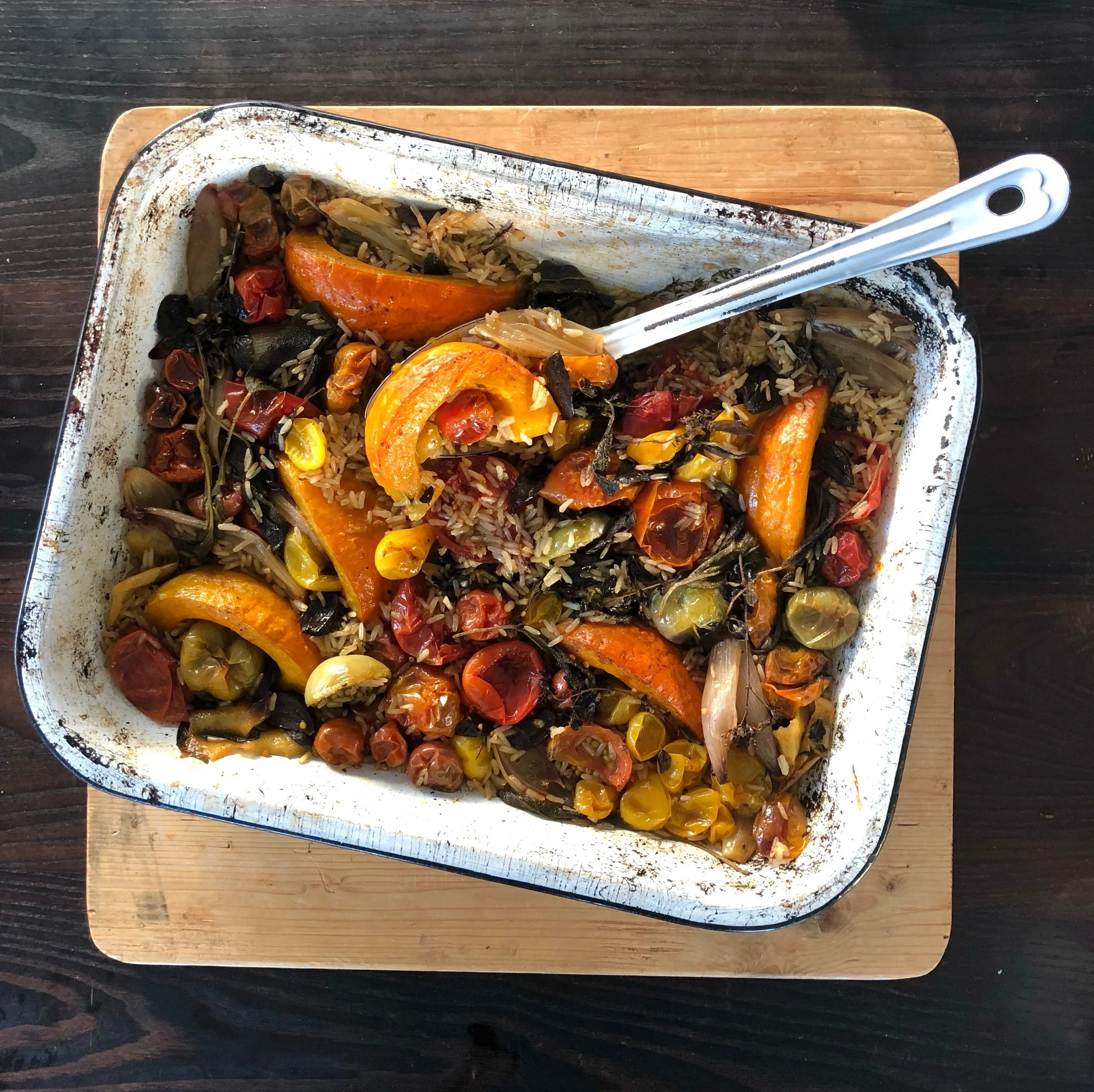 TRAY BAKED RICE with SLOW COOKED TOMATOES, PUMPKIN &amp; HERBS 