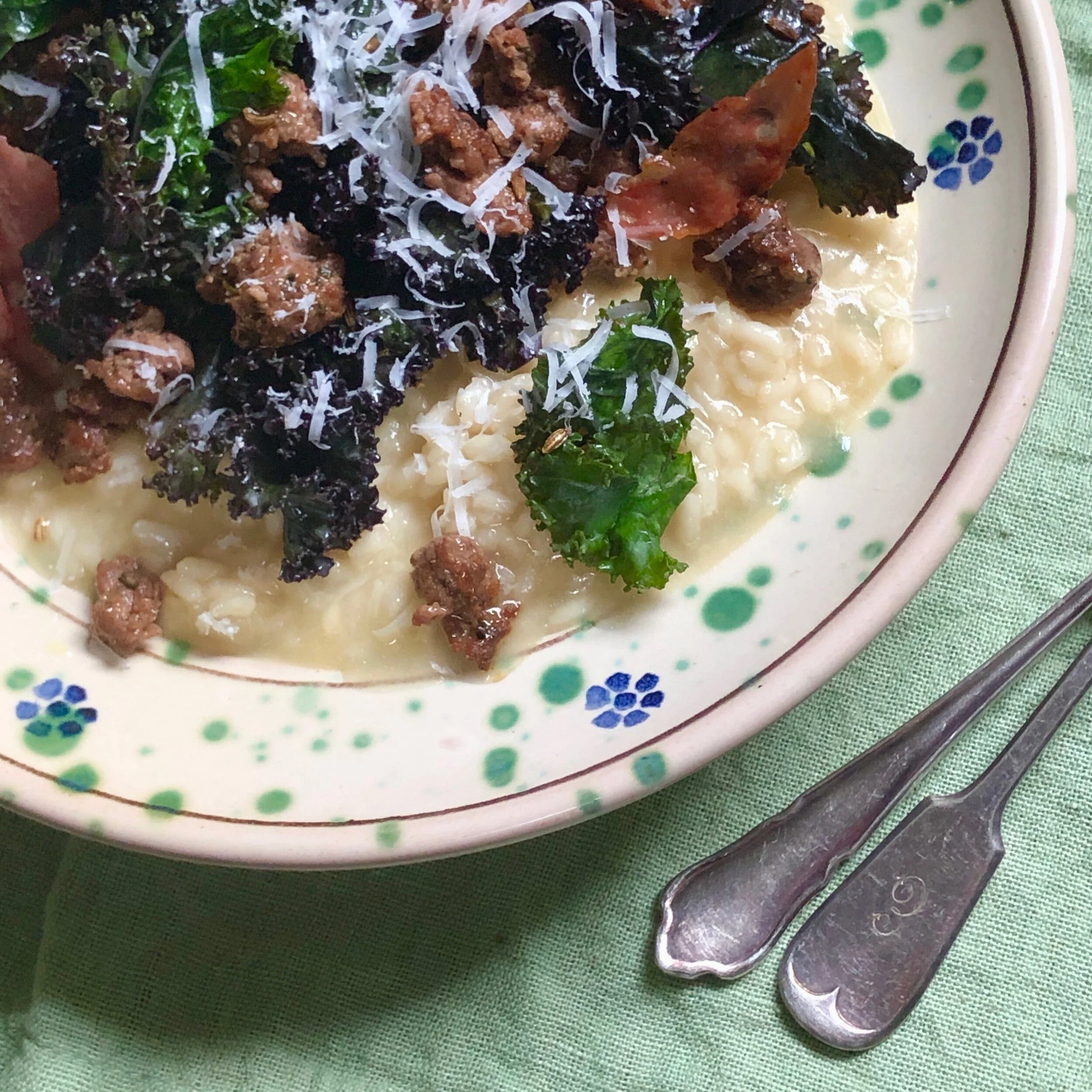 LEEK RISOTTO with RED KALE &amp; BEEF SAUSAGE