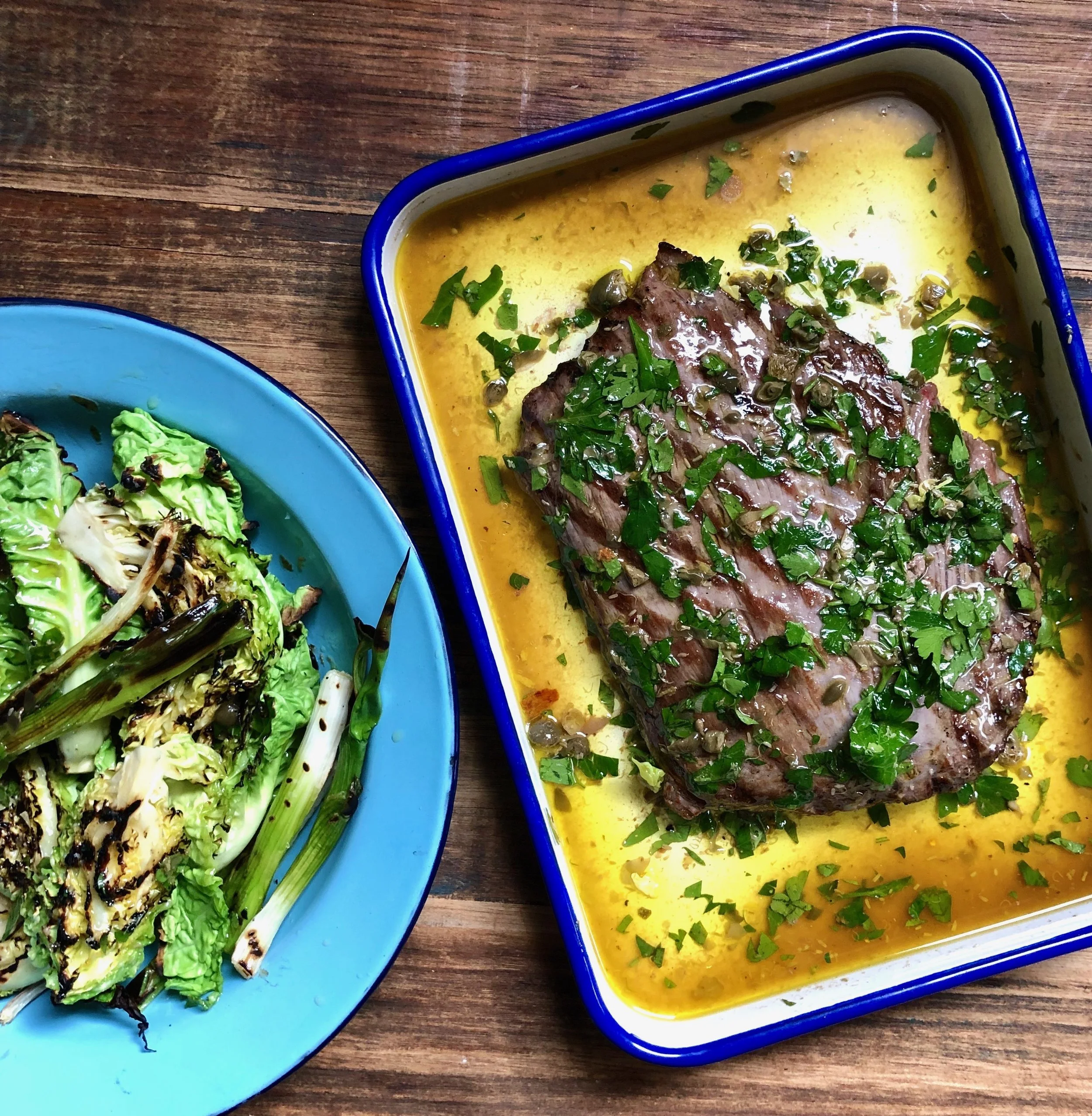 FLAT IRON OR SKIRT STEAK WITH PARSLEY &amp; CAPER MARINADE AND WINTER GREENS