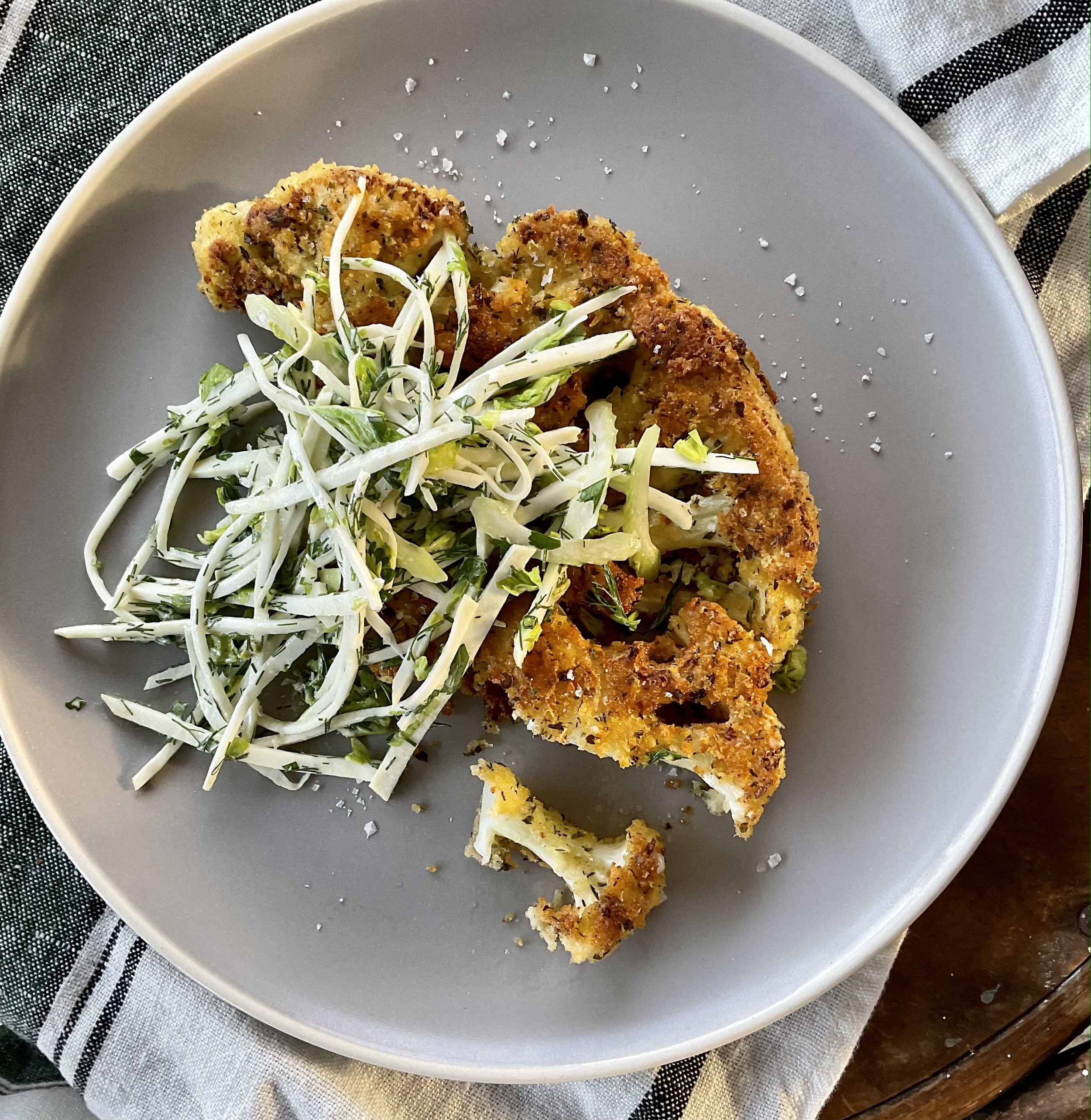 SOURDOUGH &amp; PARMESAN CRUMBED CAULIFLOWER STEAKS WITH CELERIAC