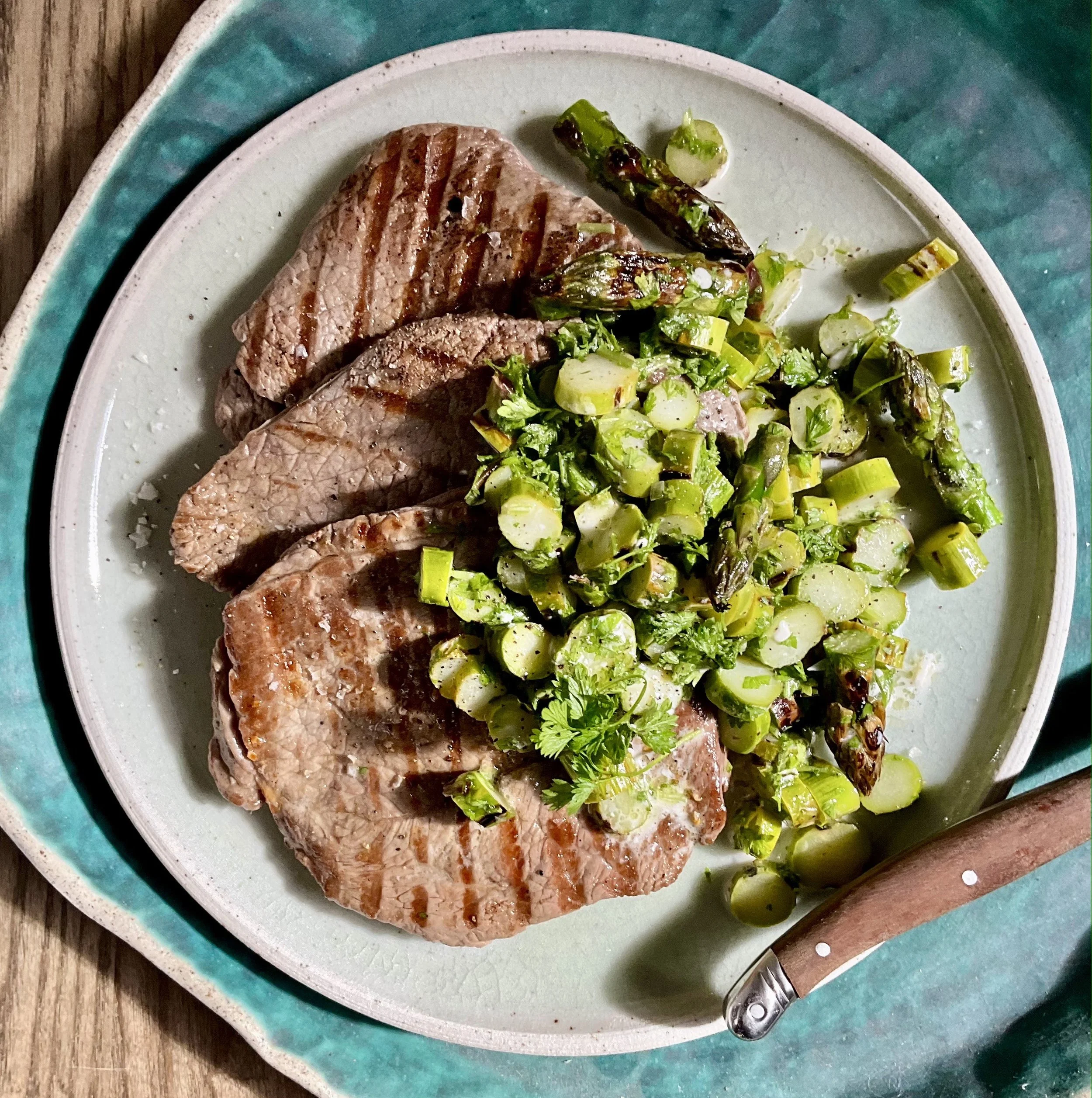 MINUTE STEAK WITH CHARRED ASPARAGUS SALAD AND LIME DRESSING