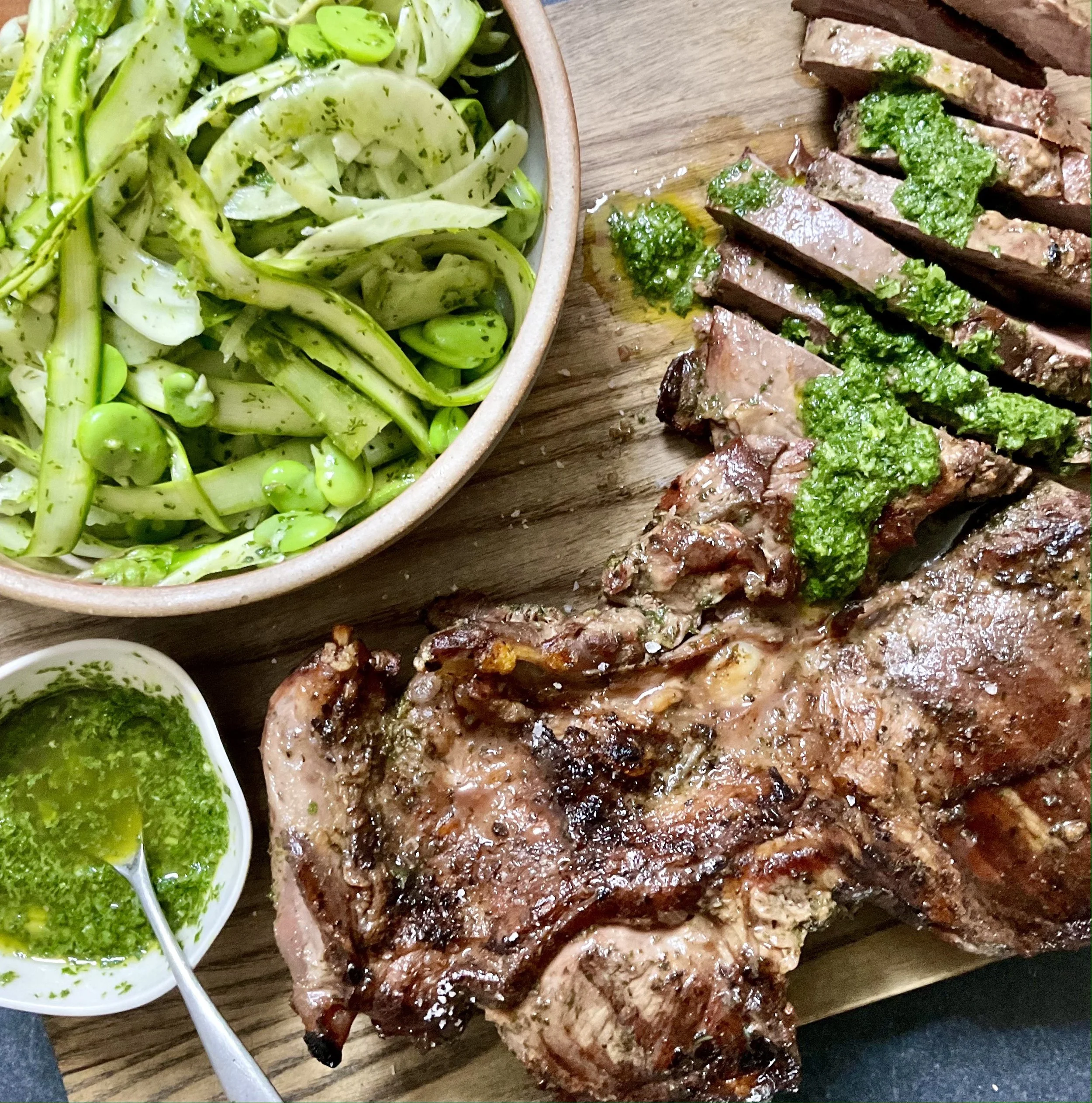 BUTTERFLIED LEG LAMB WITH SPRING SALAD &amp; SALSA VERDE