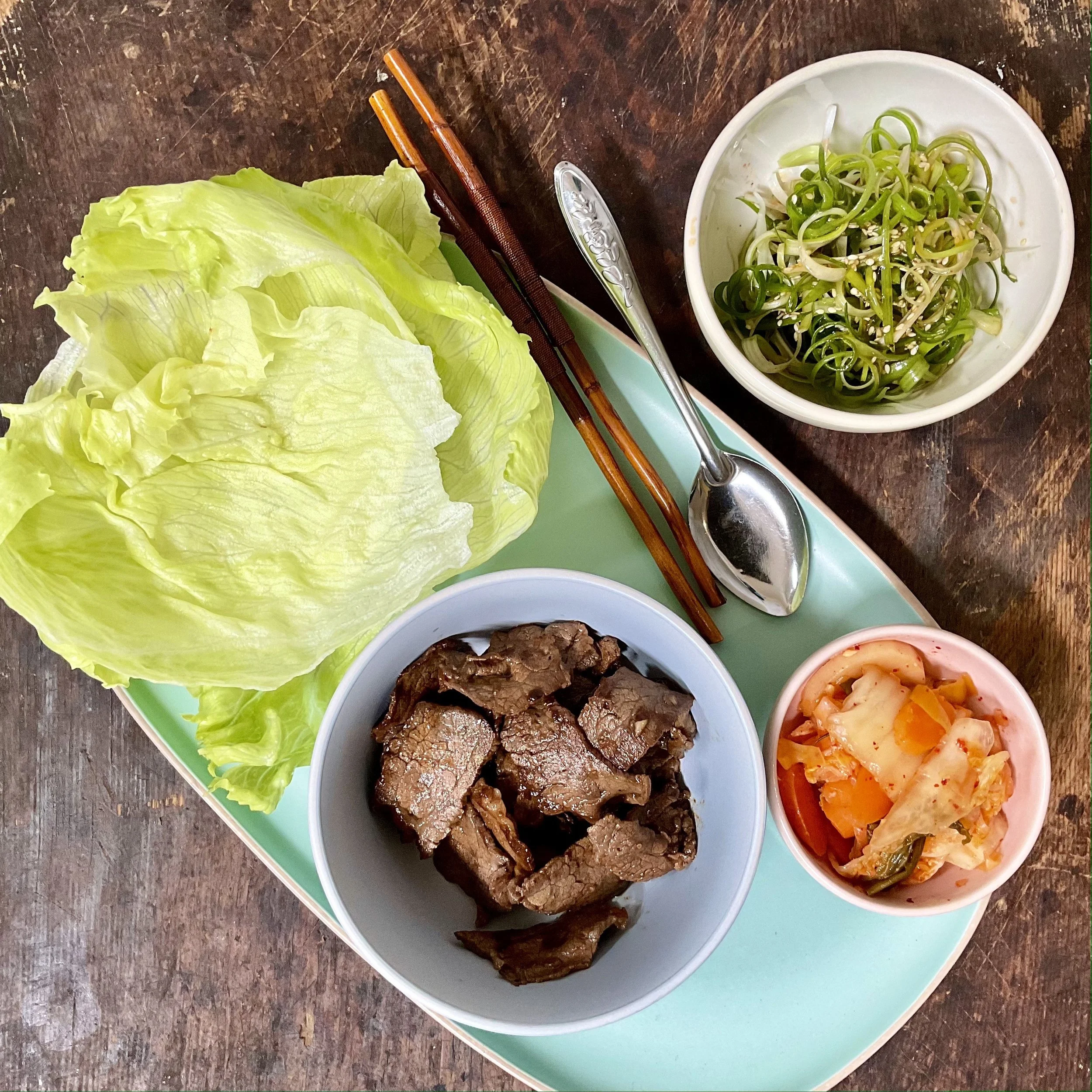 DENVER BEEF BULGOLI IN LETTUCE CUPS WITH SPRING ONION SALAD &amp; KIMCHI