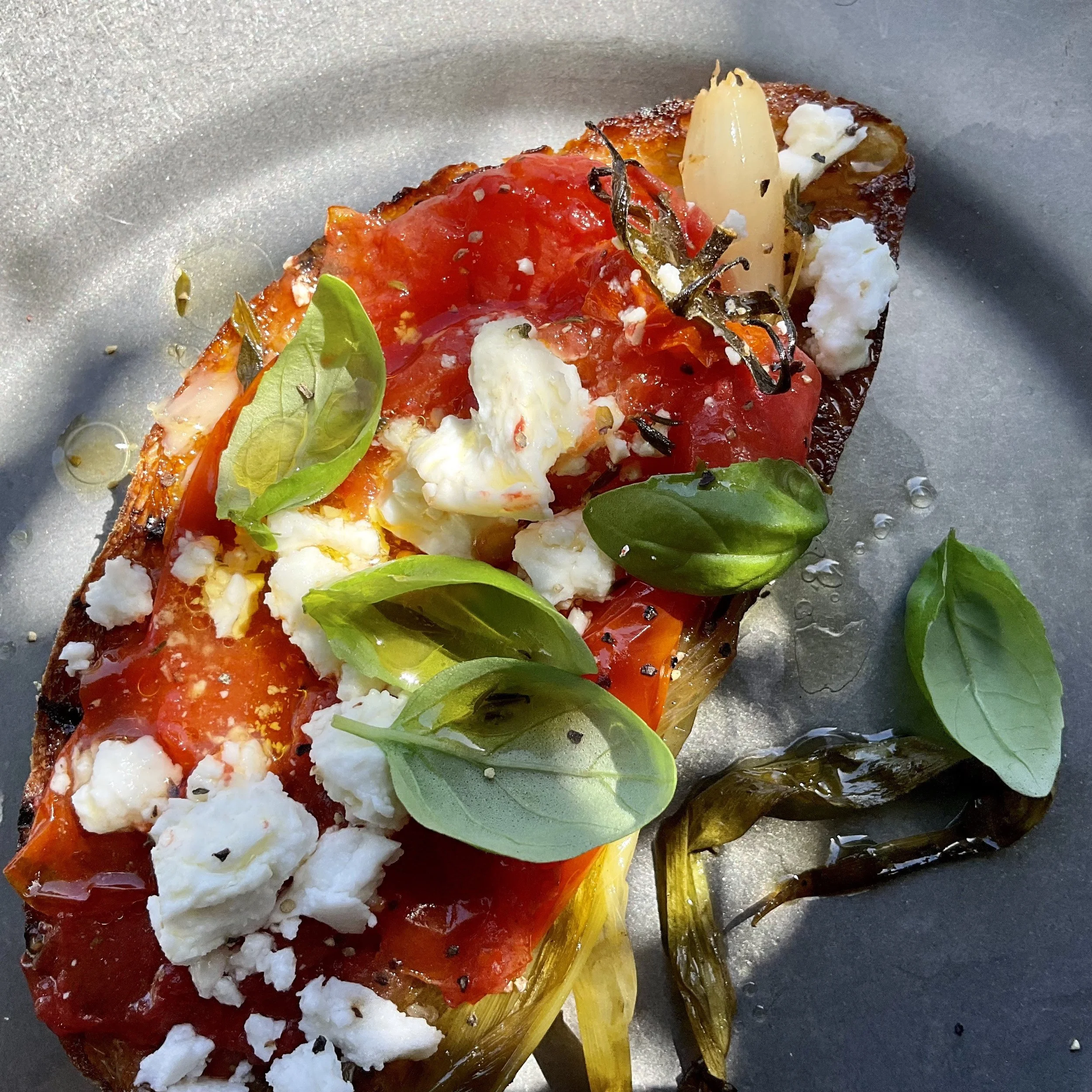 BRUSCHETTA TOPPED WITH ROASTED GARLIC &amp; TOMATOES