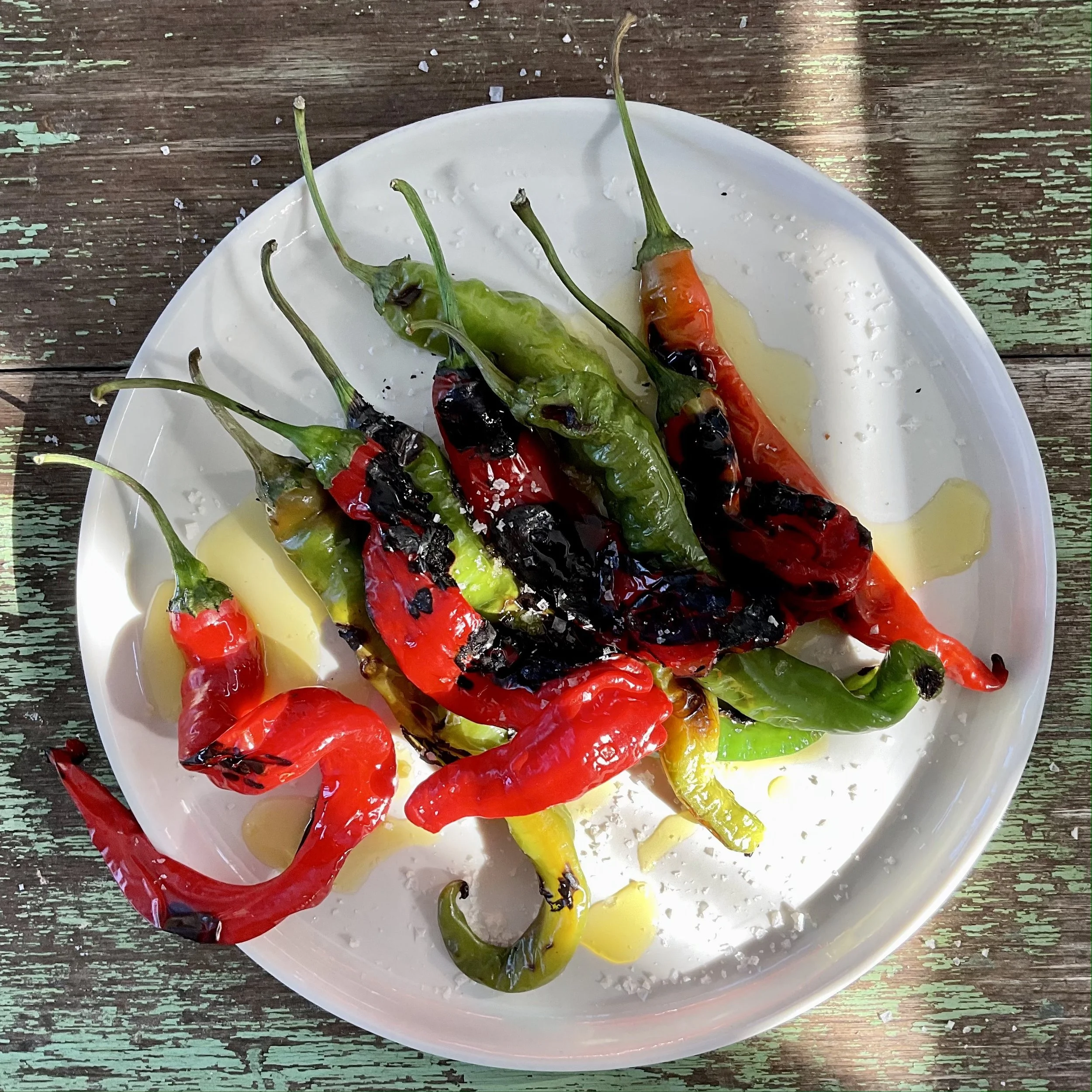 GRILLED SPIRAL CHILLIES WITH SEA SALT