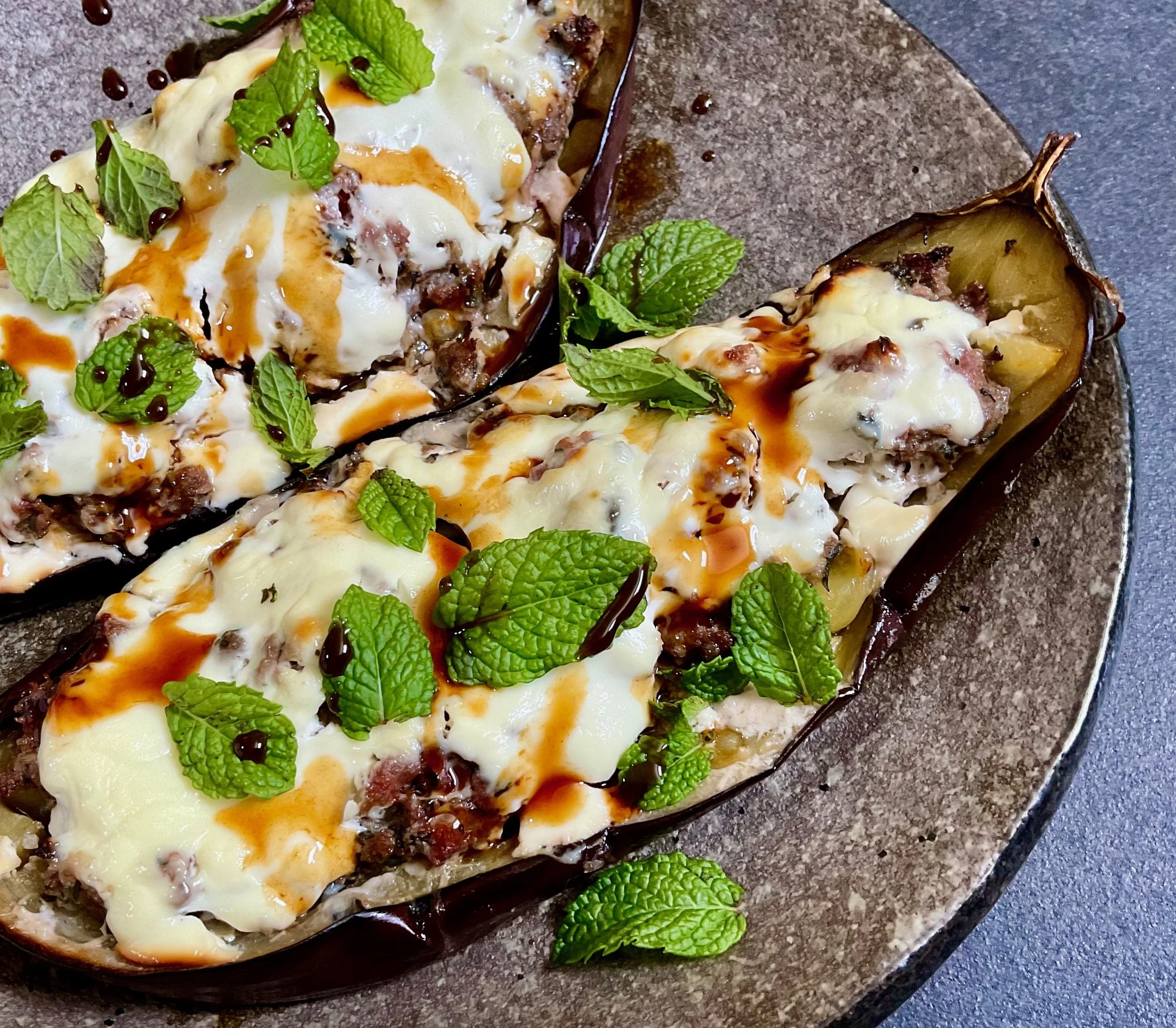 BAKED EGGPLANT FILLED WITH SPICED LAMB &amp; YOGHURT