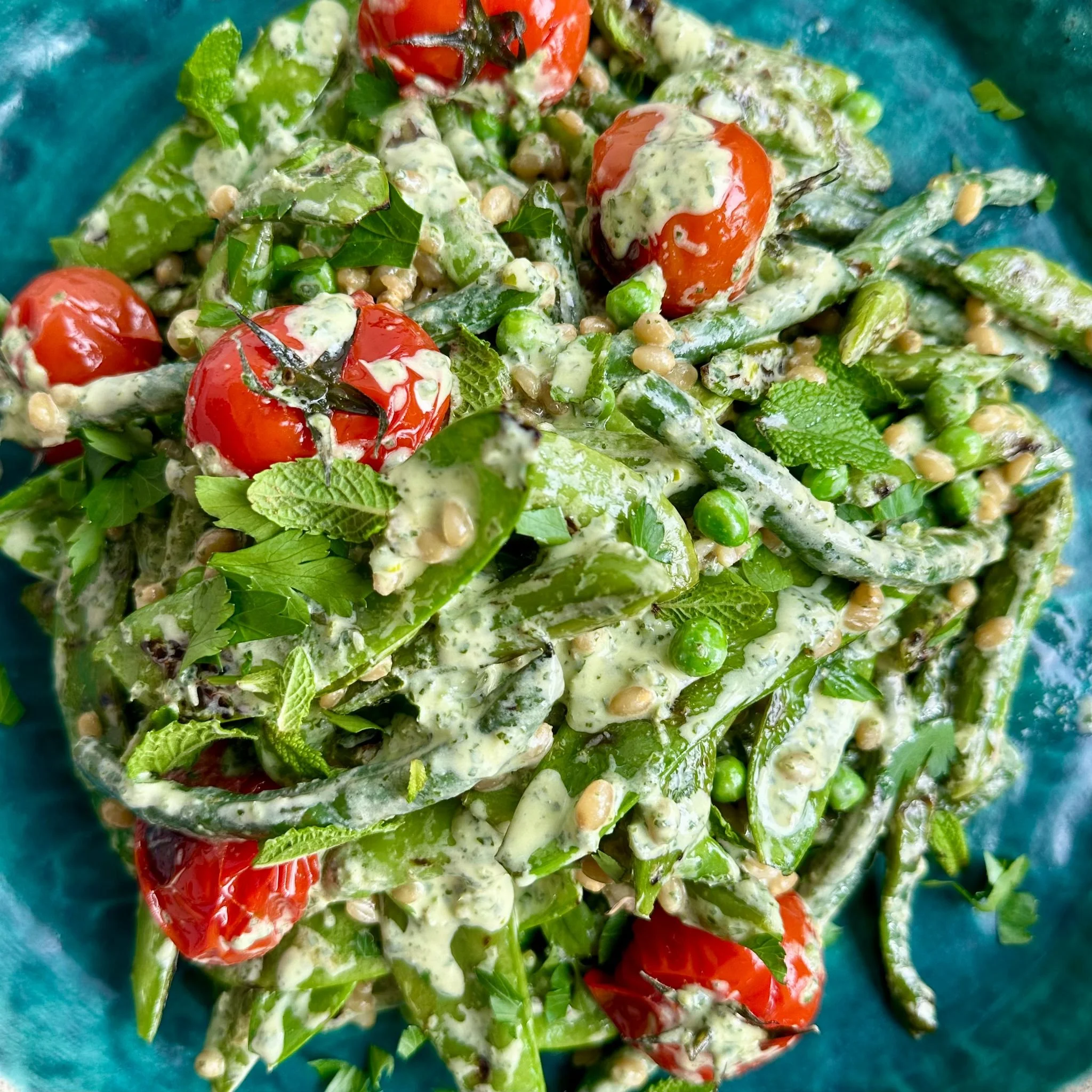 GRILLED PEAS, BEANS &amp; TOMATO WITH GREEN TAHINI DRESSING