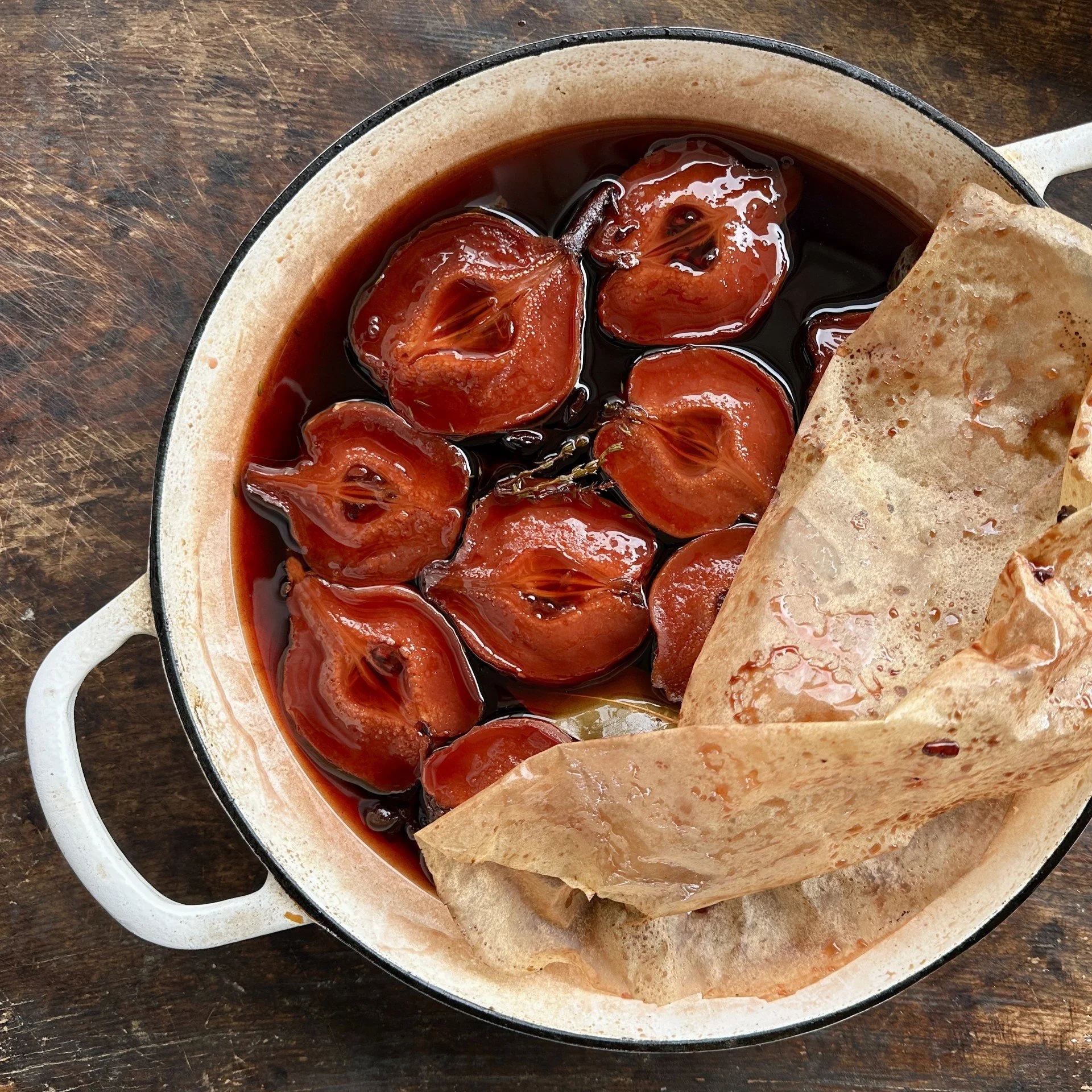 SLOW COOKED SPICED QUINCE WITH THYME INFUSED CUSTARD