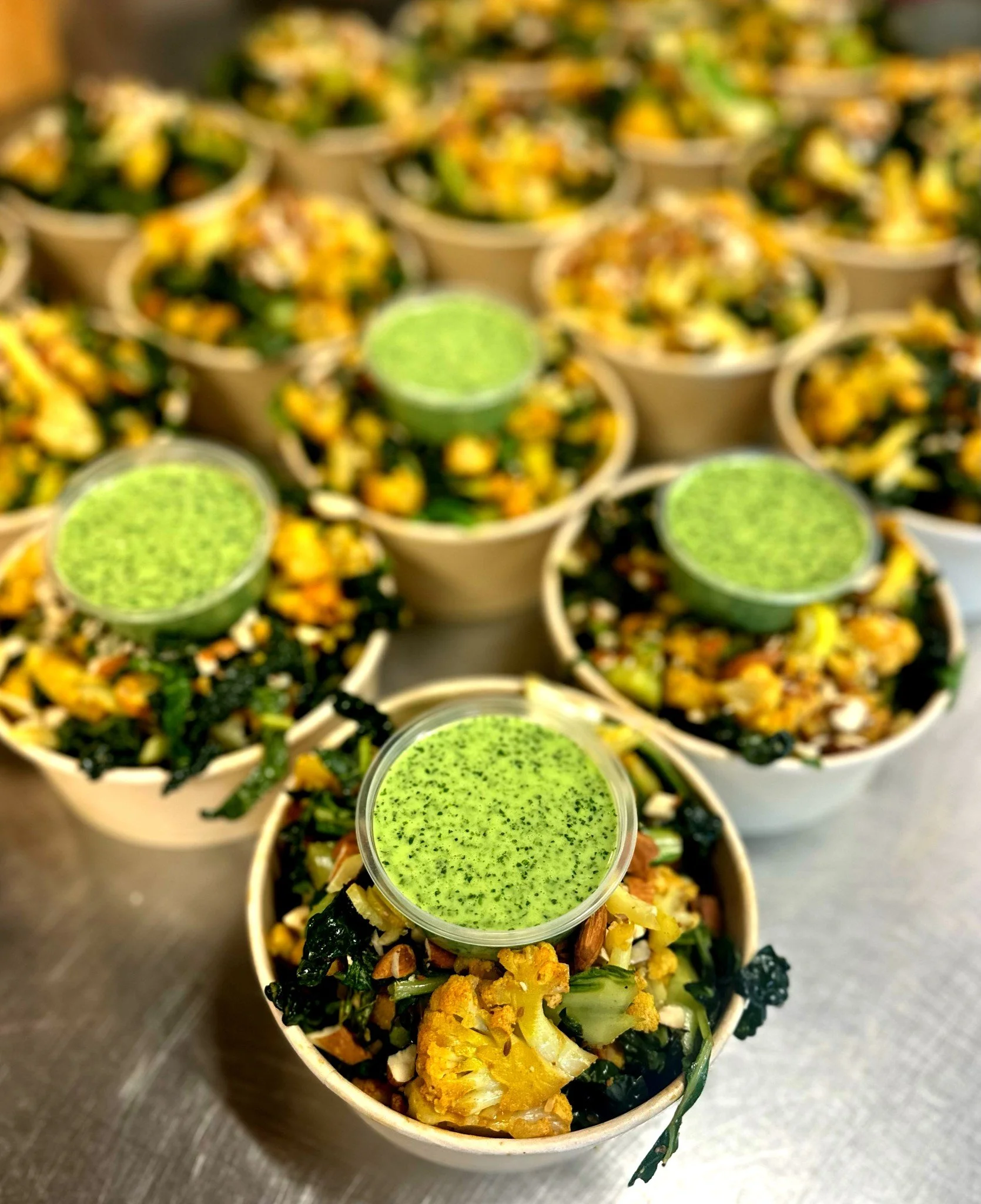 Make salads while the cauliflower shines 😇

Magnificent Boneo cauliflowers roasted with our raw honey (including those tasty cauliflower leaves) tossed with almonds, our farmhouse preserved lemon, Tuscan kale and a dressing made with kefir and fresh