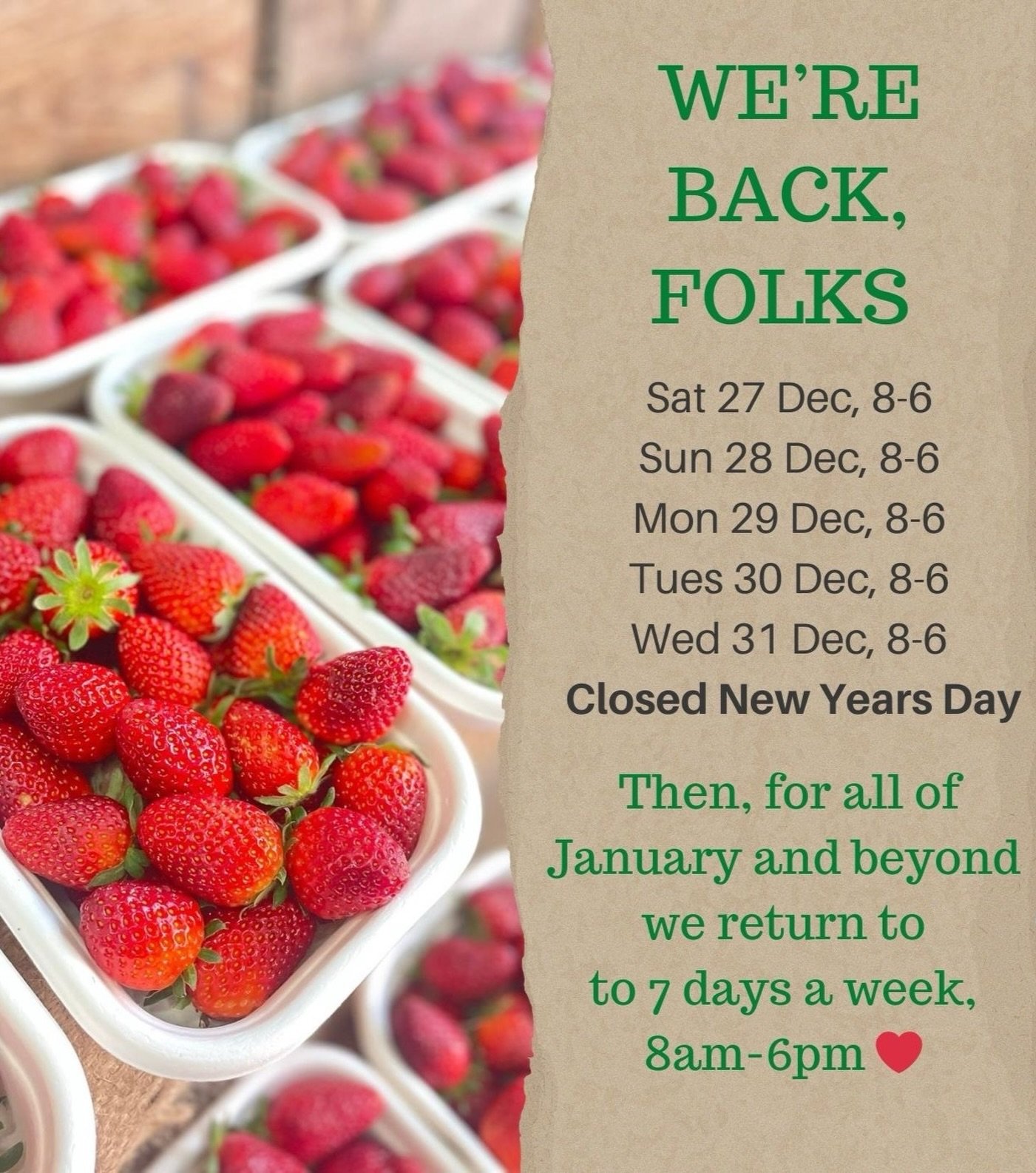 BACK OPEN SATURDAY for all your local produce needs 🌈 

From strawberries, cherries, blueberries and apricots to asparagus, beans, zucchinis and snow peas. Lasagnes, quiches, beef and apple pies, tarts, sourdoughs, pastries, grass fed beef and lamb 