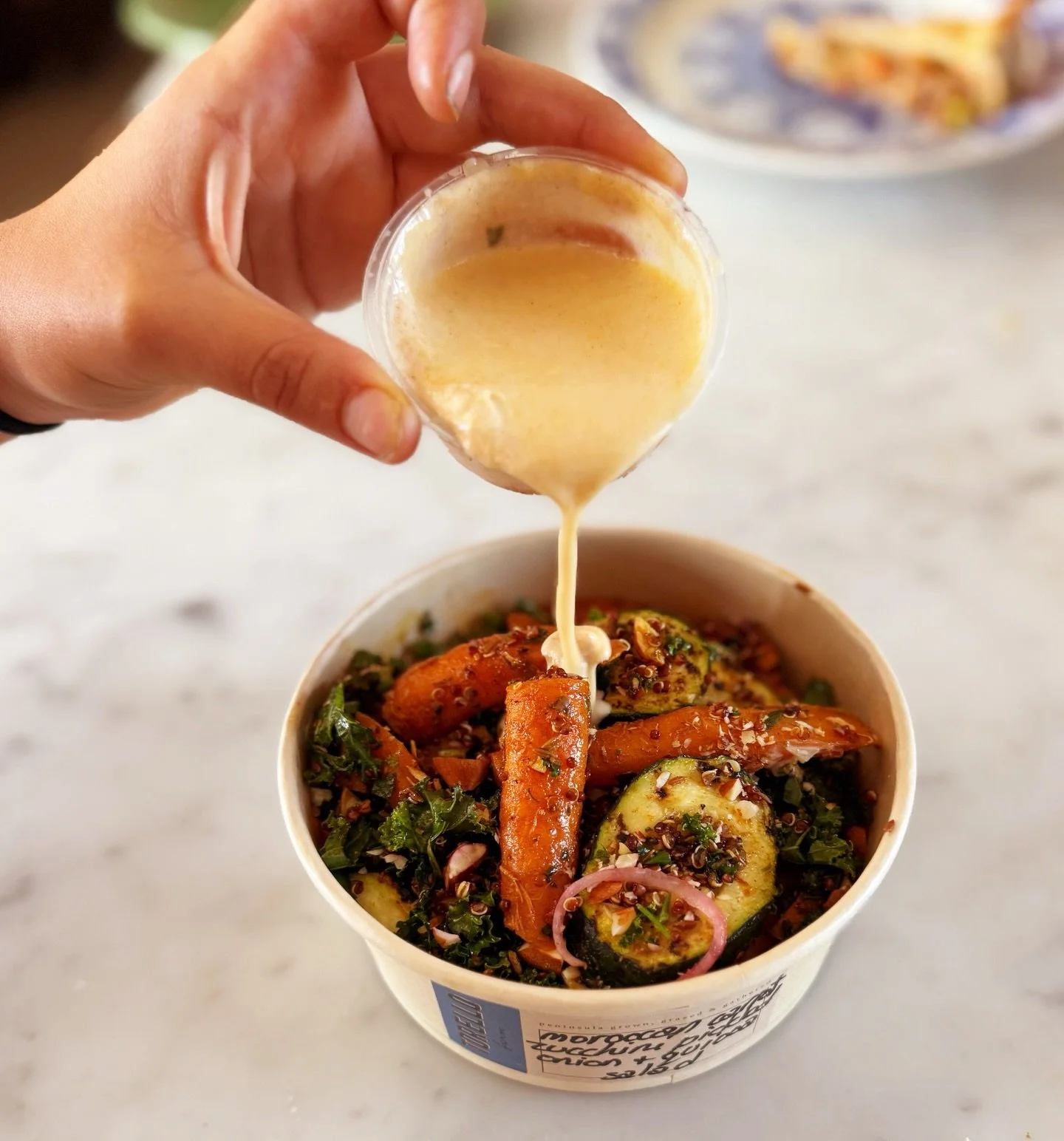 Today&rsquo;s salad. Moroccan carrot, grilled zucchini, pickled onion &amp; red quinoa with a paprika yoghurt dressing ❤️ Oh la la, sooooo tasty 🌈
.
.
.
#torellofarm #dailysalad #lunchsorted #notsupermarketfood #eattherainbow🌈