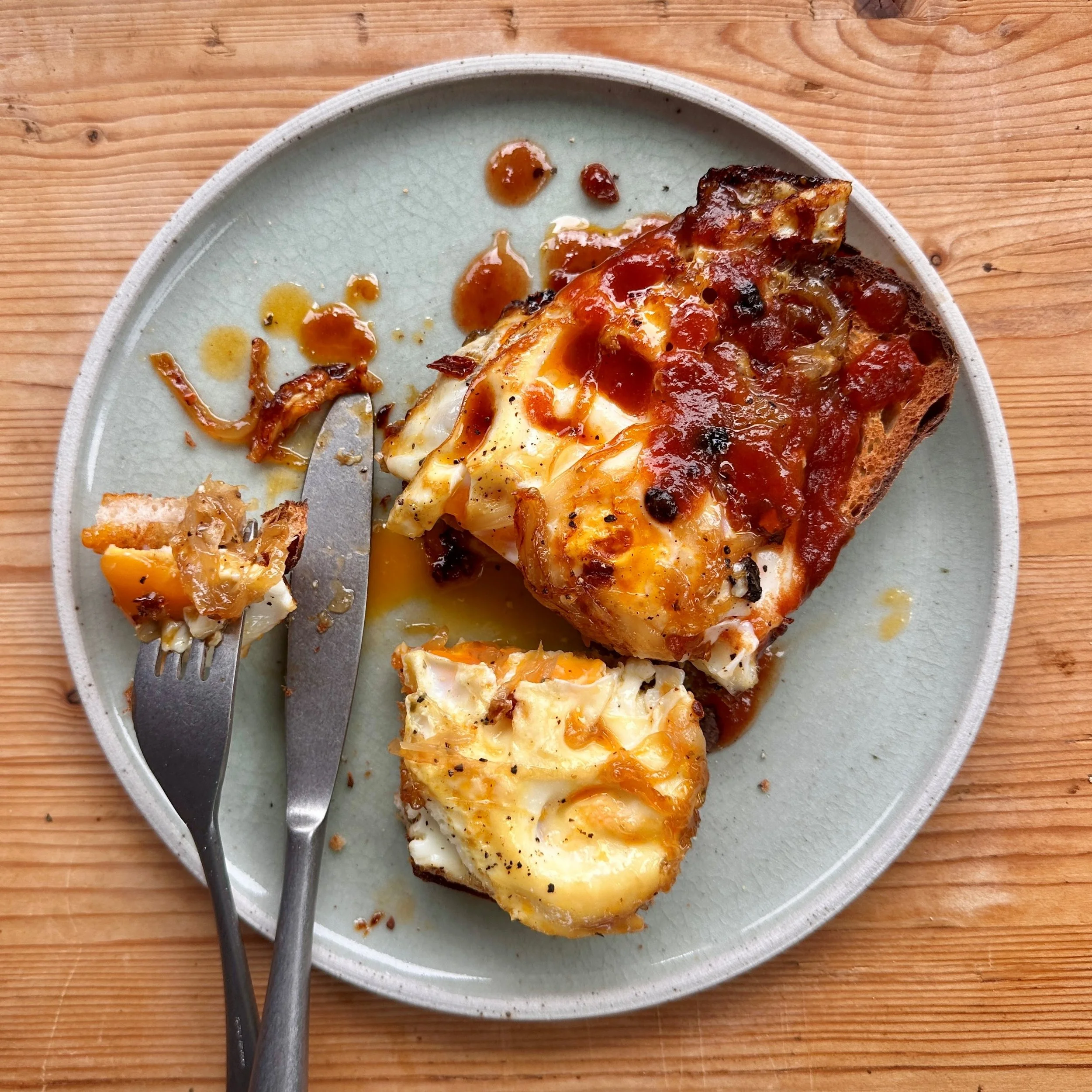 FRIED HONEY, CHILLI AND ONION JAM EGGS