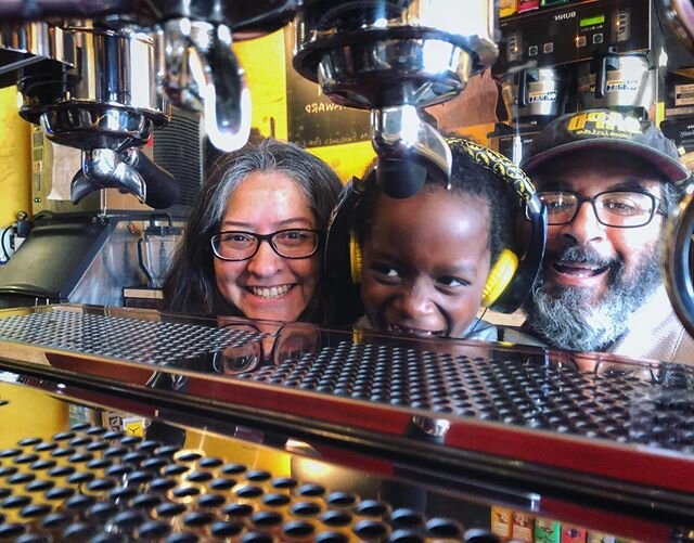 Family selfie in our shiny new espresso machine! The espresso tastes even smoother than we look!
.
.
.
#mildfire 
#mildfirecoffee 
#espresso
#satx 
#sanantoniocoffee